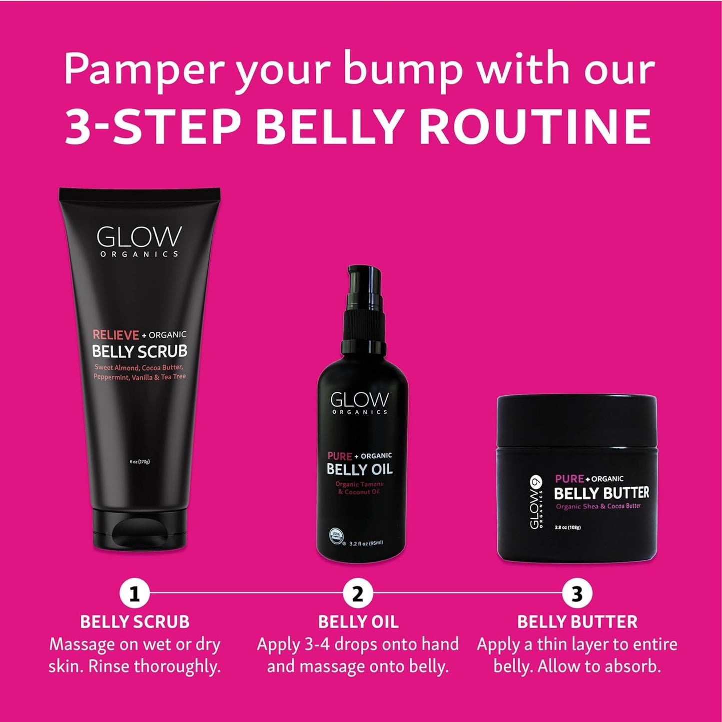 Glow Organics Stretch Mark Cream Belly Butter, Scrub and Oil, 3-Step Pregnancy Skin Care Kit, Belly Butter for Stretch Marks, Organic, Pregnancy & Baby Registry Must Haves, Mother To Be Gift.