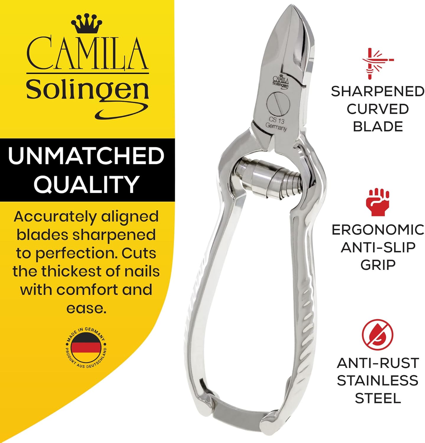 CS13 Large Heavy Duty Toe Nail Clipper for Thick Toenails, Manicure & Pedicure, Double Barrel Spring. Super Sharp Trimmer Curved Stainless Steel 20mm Blade Made in Solingen, Germany
