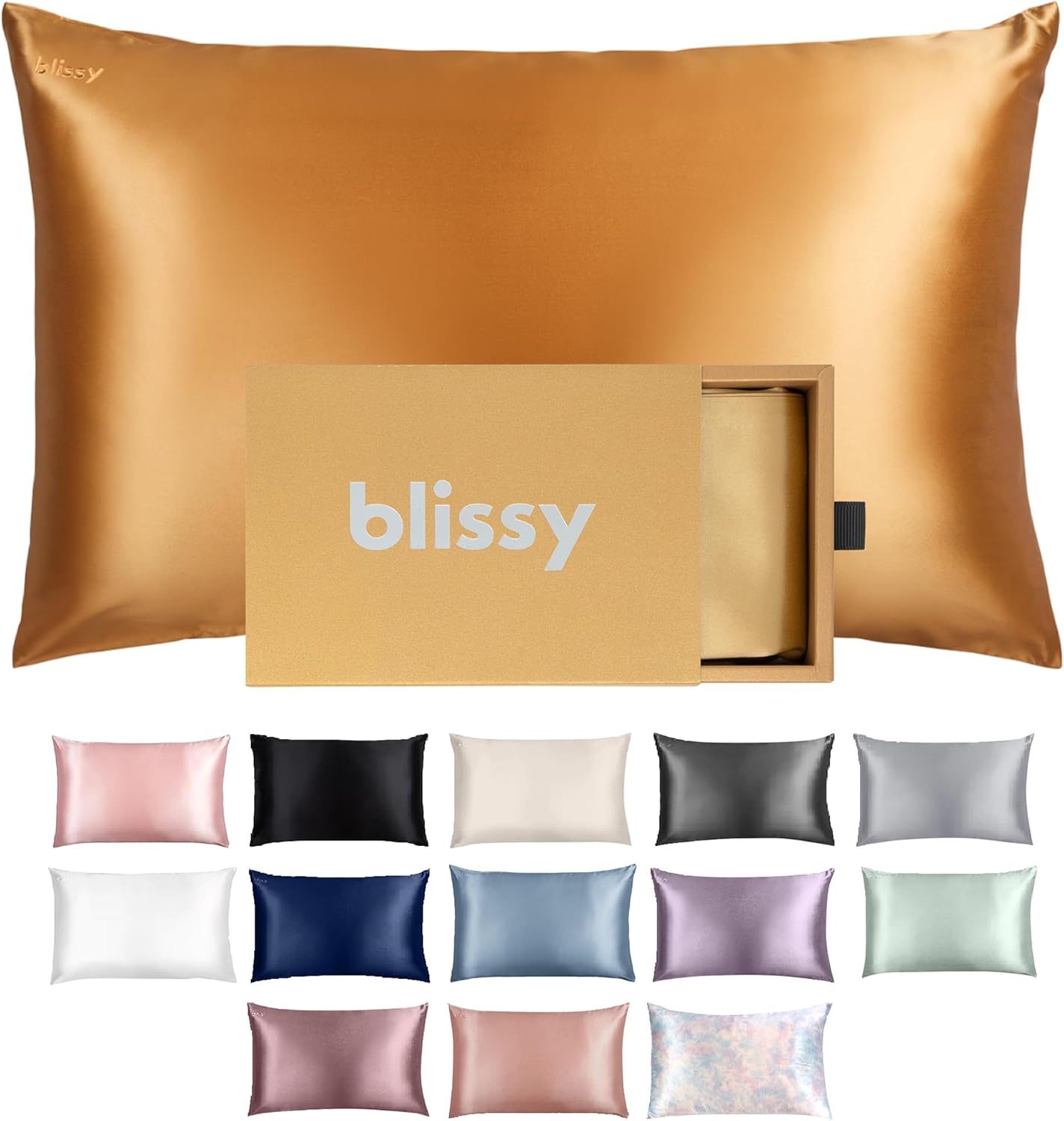 Blissy Silk Pillowcase - 100% Pure Mulberry Silk - 22 Momme 6A High-Grade Fibers - Silk Pillow Cover for Hair & Skin - Regular, Queen & King (Gold, Standard)