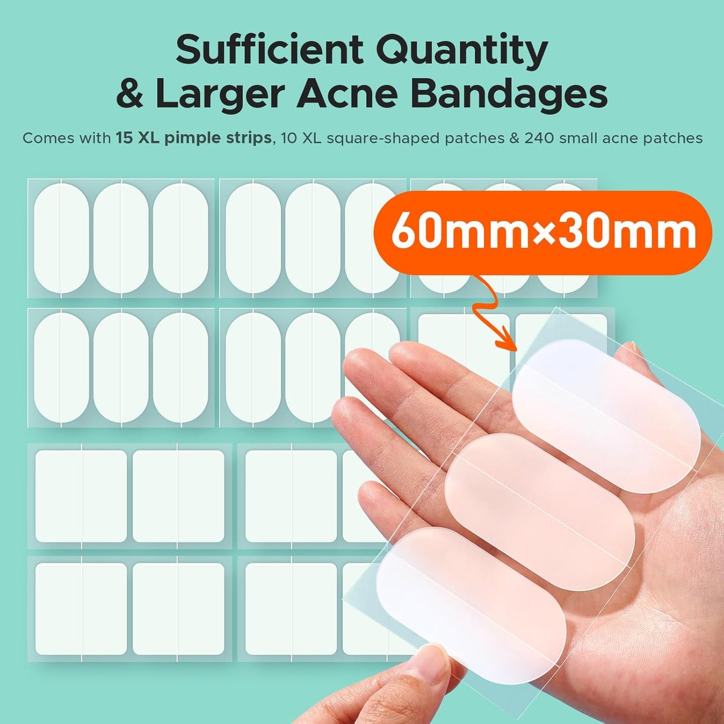 TKTK Large Pimple Patches for Face, 60 x 30 mm XL Acne Patches, Big Hydrocolloid Bandages for Body, Back, Forehead, Chin, Neck Blemish Zit Breakouts (Oval, Square, Dot 5 Sizes 265 Count)