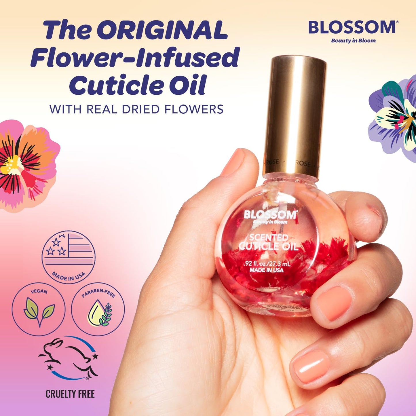 Blossom Cuticle Oil for Nails, Hydrating, Moisturizing, Scented Nail Oil Cuticle Care, Infused with Real Flowers, Made in USA, 0.92 fl. oz, Spring Bouquet