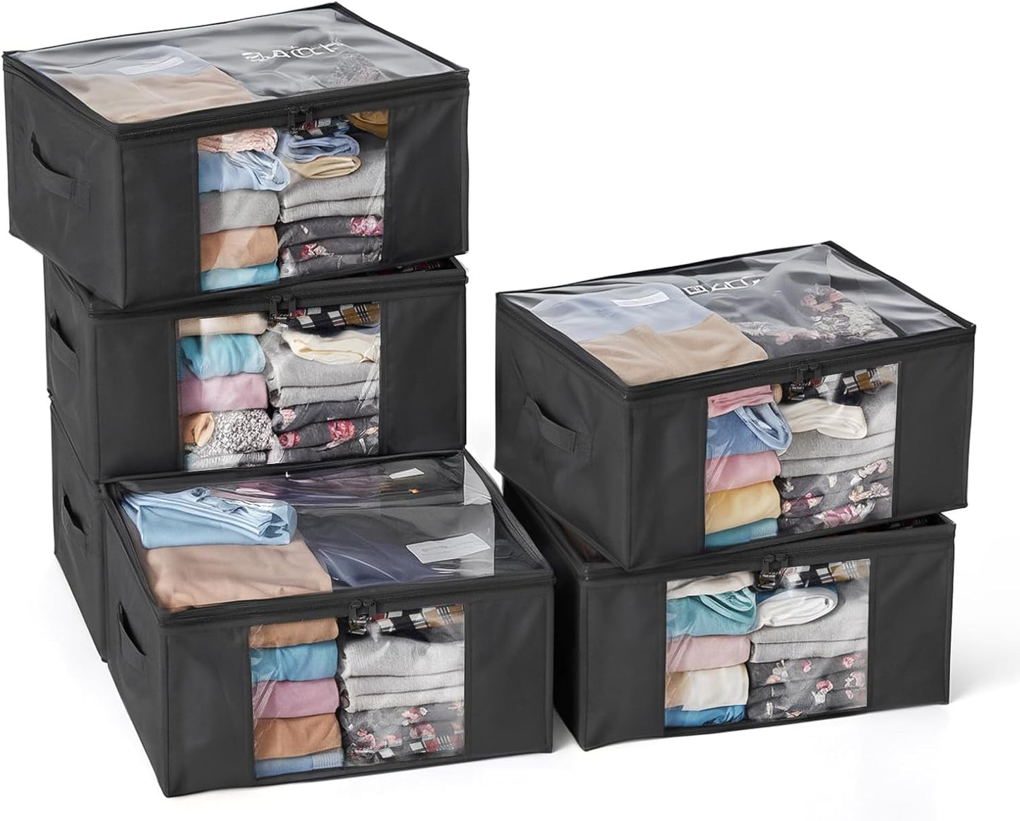 Clothes Storage Bags, Foldable Thick Fabric Blanket Storage Bags, Large Clear Window & Carry Handles, Great for Clothes, Blankets, Closets, Pillows, Toys (Black, 6PACK)