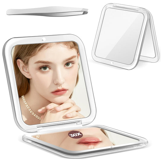 MIYADIVA Compact Mirror, 30X Magnifying Mirror, Pocket Mirror for Purse, Travel Makeup Mirror with 30X/1X Magnification, Travel Essentials Mirrors, Precision Tweezers, Present for Girls