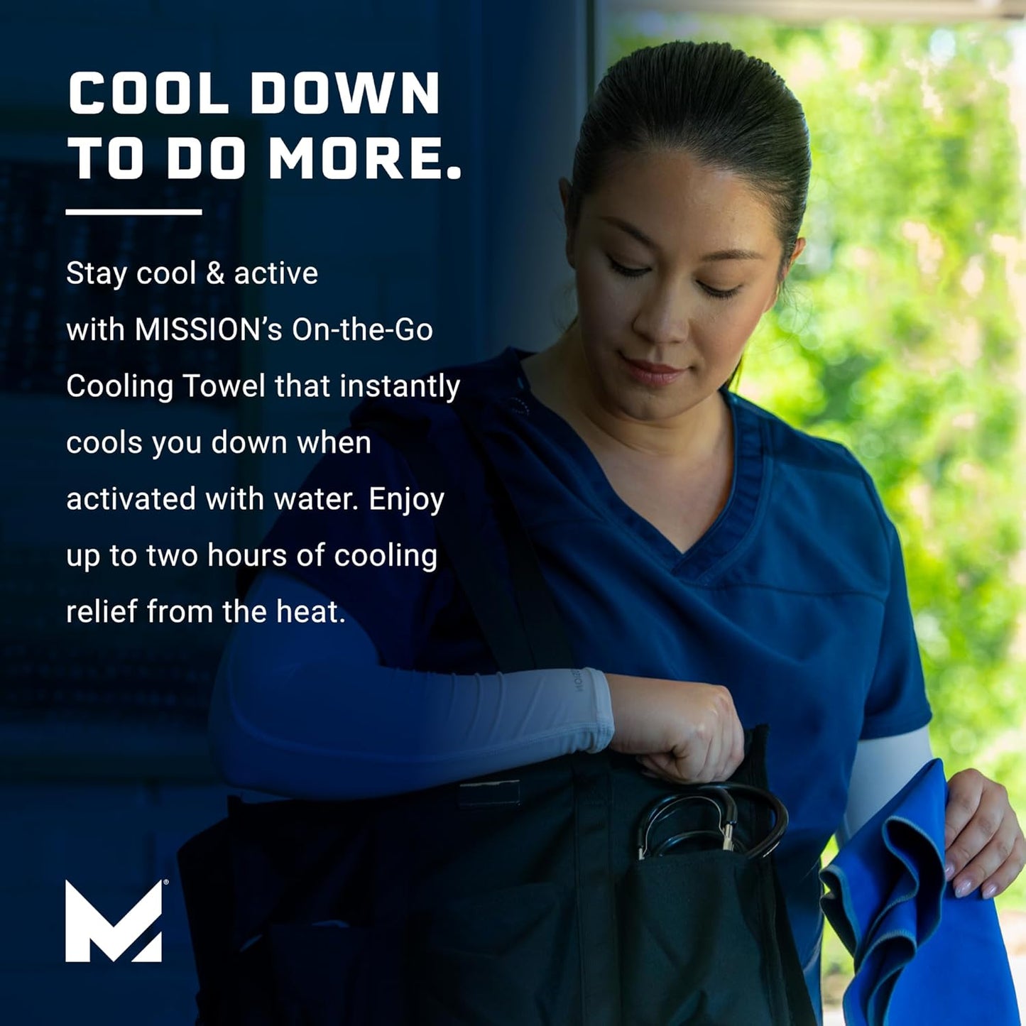 MISSION On-The-Go Cooling Towel, Blue - Soft, Lightweight Fabric - Cools Up to 2 Hours - UPF 50 Sun Protection - Machine Washable