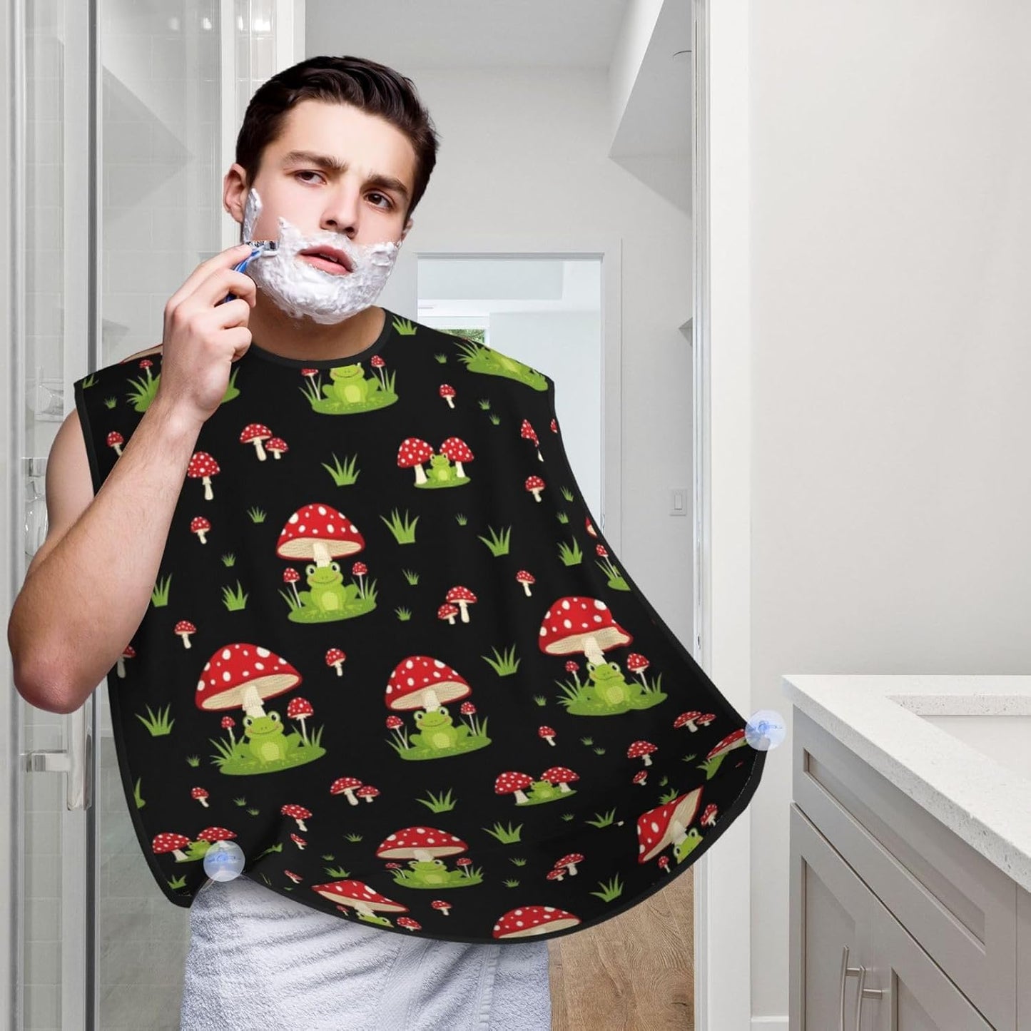 Beard Hair Catcher for Men, Waterproof Shaving Bib Apron Non-Stick, Trimming Tool for Dad Husband, Cute Frogs Cartoon Mushroom Hats Shave Bib