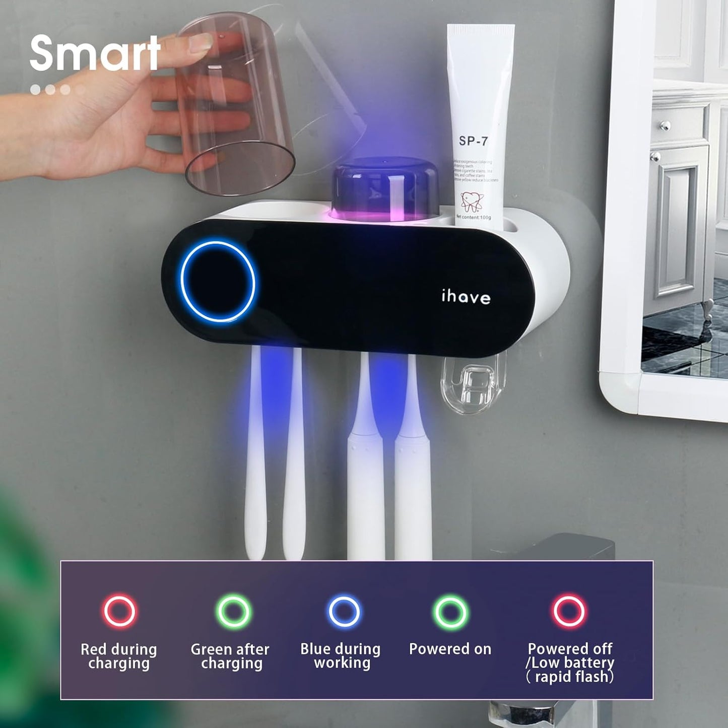 iHave Toothbrush Holders for Bathrooms, UV Toothbrush Sanitizer and Holder Smart Home Bathroom Accessories, 2 Cups Electric Toothbrush Holder Wall Mounted with Toothpaste Dispenser Bathroom Decor