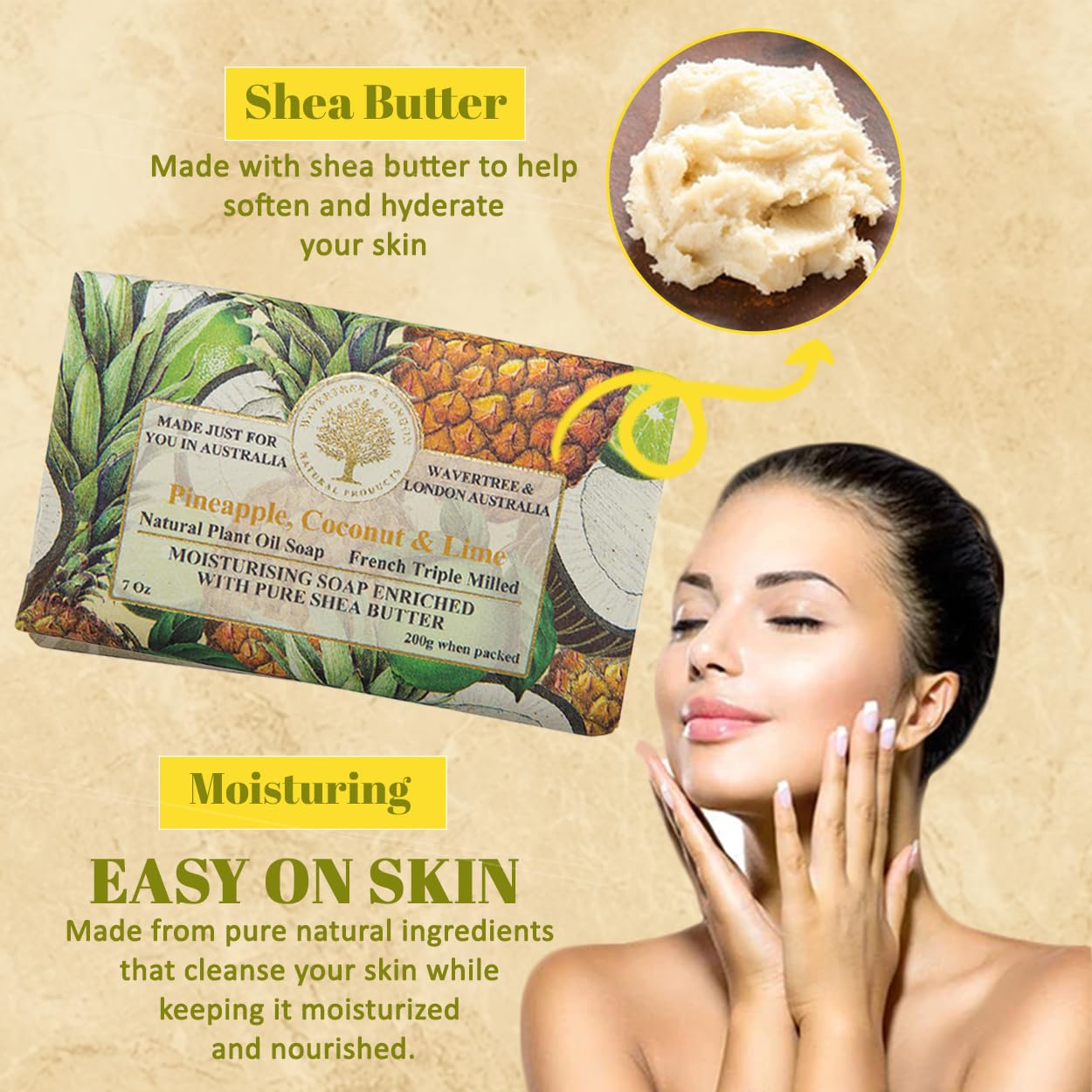 Wavertree & London Pineapple, Coconut & Lime Scented Natural Soap (8 Bars), 7oz Moisturizing French Triple Milled Soap Bars enriched with shea butter - Plant Oil Bath & Body Bars for All Skin Types