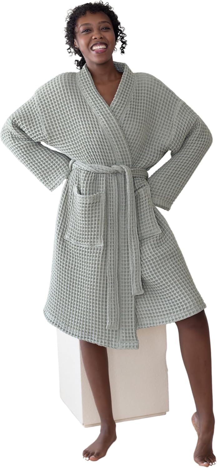 Womens Kimono Waffle Robe - Lightweight 100% Turkish Cotton Housecoat for All-Day Lounging - Bathrobe for Shower