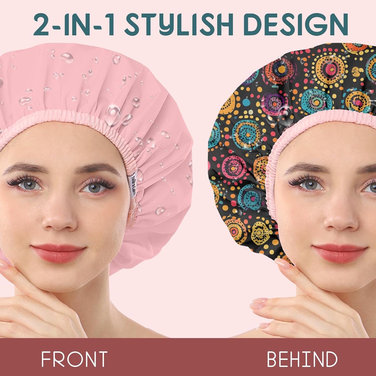 Years calm Luxury Shower Caps for Women Reusable Waterproof – Polka Dot Double Layer Bath Cap with Adjustable Elastic for Braids & Long Hair, Comfortable & Stylish, Versatile Use (Black)