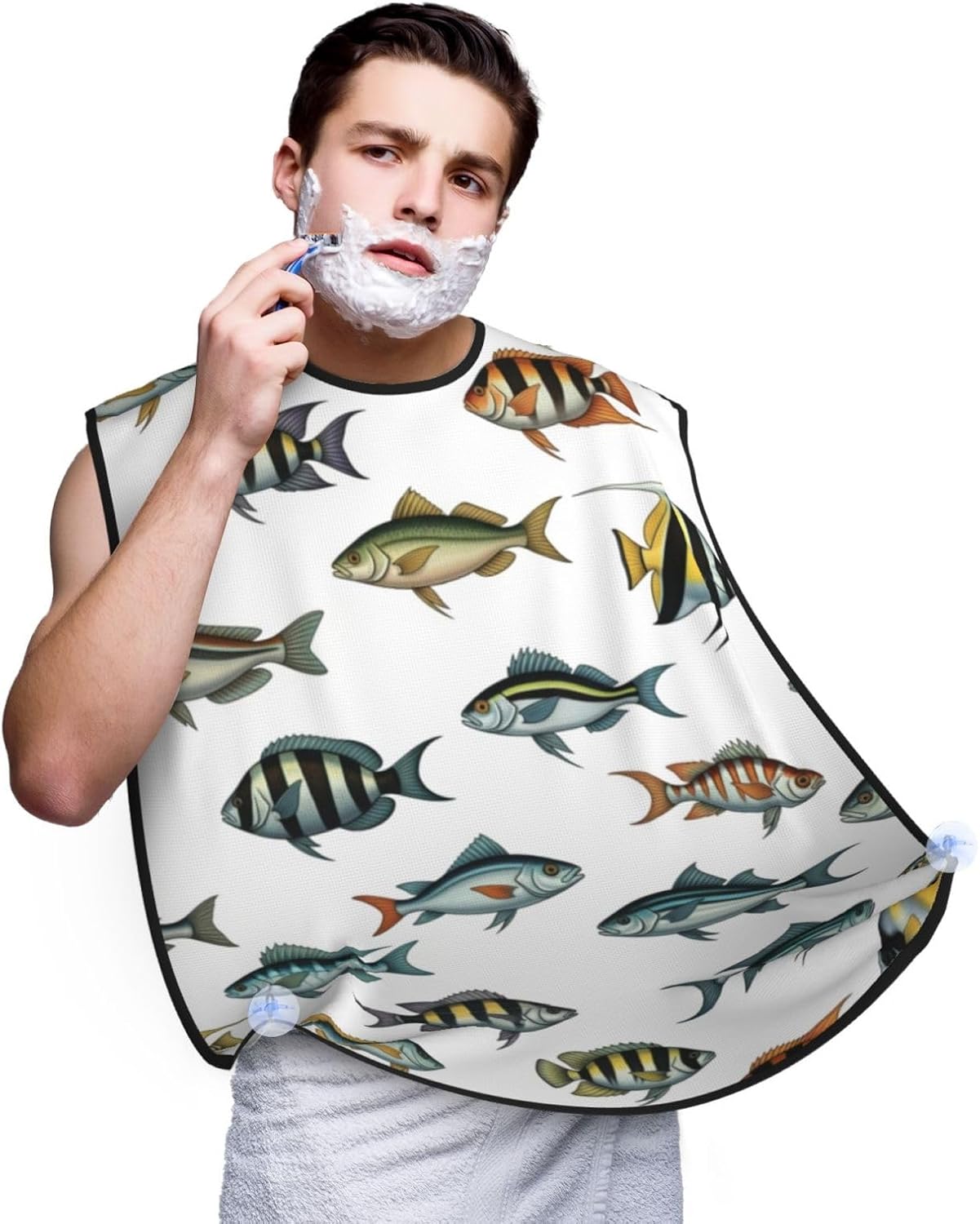 Beard Shaving Cape with Suction Cups, Sea Fish Pattern Shave Bib, Non-Stick Waterproof Hair Catcher, Grooming Bib for Men Husband