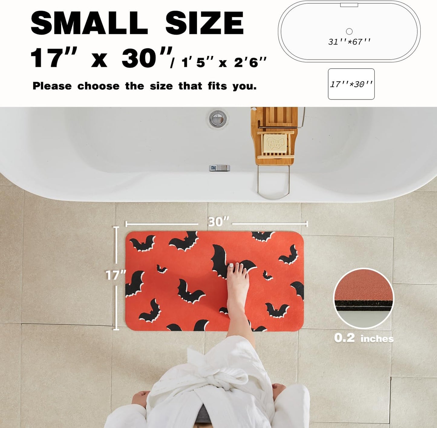 Halloween Bath Mat, Thin Halloween Bathroom Rug Non Slip Quick Dry Bat Bath Mat Fits Under Door Thin Floor Mat Halloween Decor, 17''x30'', Gothic Bats Orange