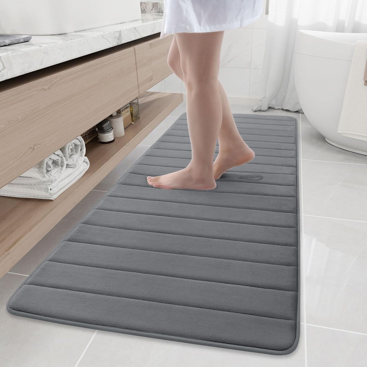 Buganda Memory Foam Bath Mat, 70" x 24", Ultra Soft and Non-Slip Bathroom Rugs, Water Absorbent and Machine Washable Bath Rug Runner for Bathroom, Shower, and Tub, Grey