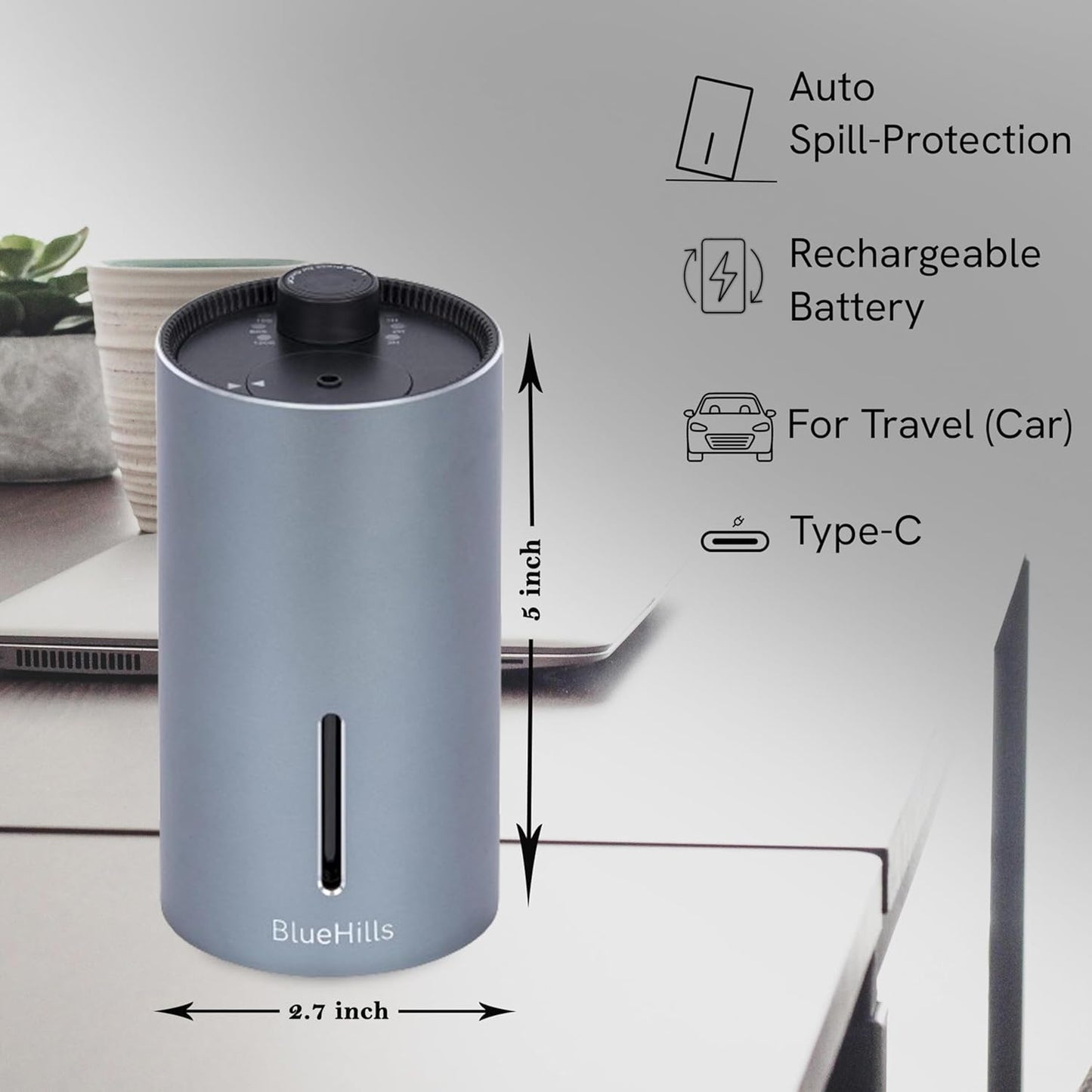BlueHills Waterless Diffuser Cordless Car Essential Oil Aroma for Essential Oils Large Room Portable USB Travel Hotel Home Long Run Timer Compact Battery-Operated Small Diffusers - J02 Silver Gray