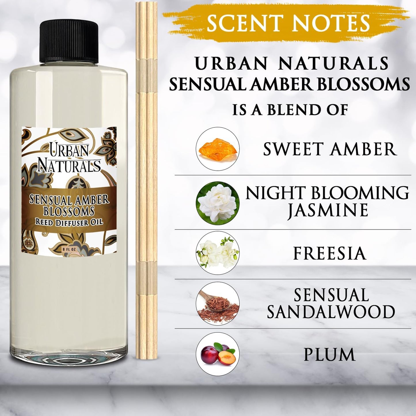 Urban Naturals Reed Diffuser Oil Refill Sensual Amber Blossoms with Jasmine, Freesia, Plum, Orange Blossom, Vanilla 8 oz + Free Reed Sticks, Made in The USA