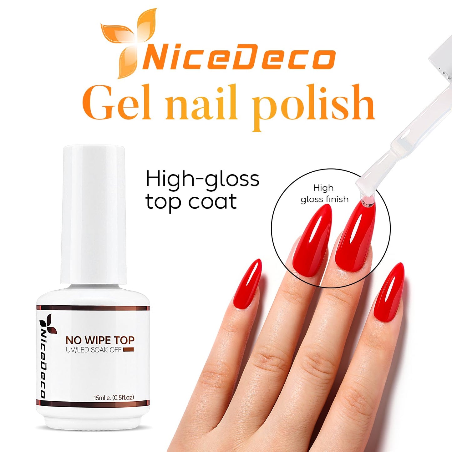 Nicedeco Hema Free Gel Nail Polish Top Coat Cruelty Free Vegan 15ml No Wipe Top Coat High Gloss Shiny Long Lasting Home DIY Professional Manicure