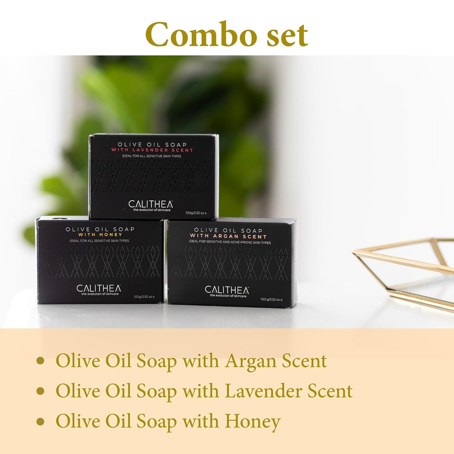 Calithea 3 Pack Olive OIil Based Soap Bars: Lavender, Argan Oil, and Honey Soap Bars