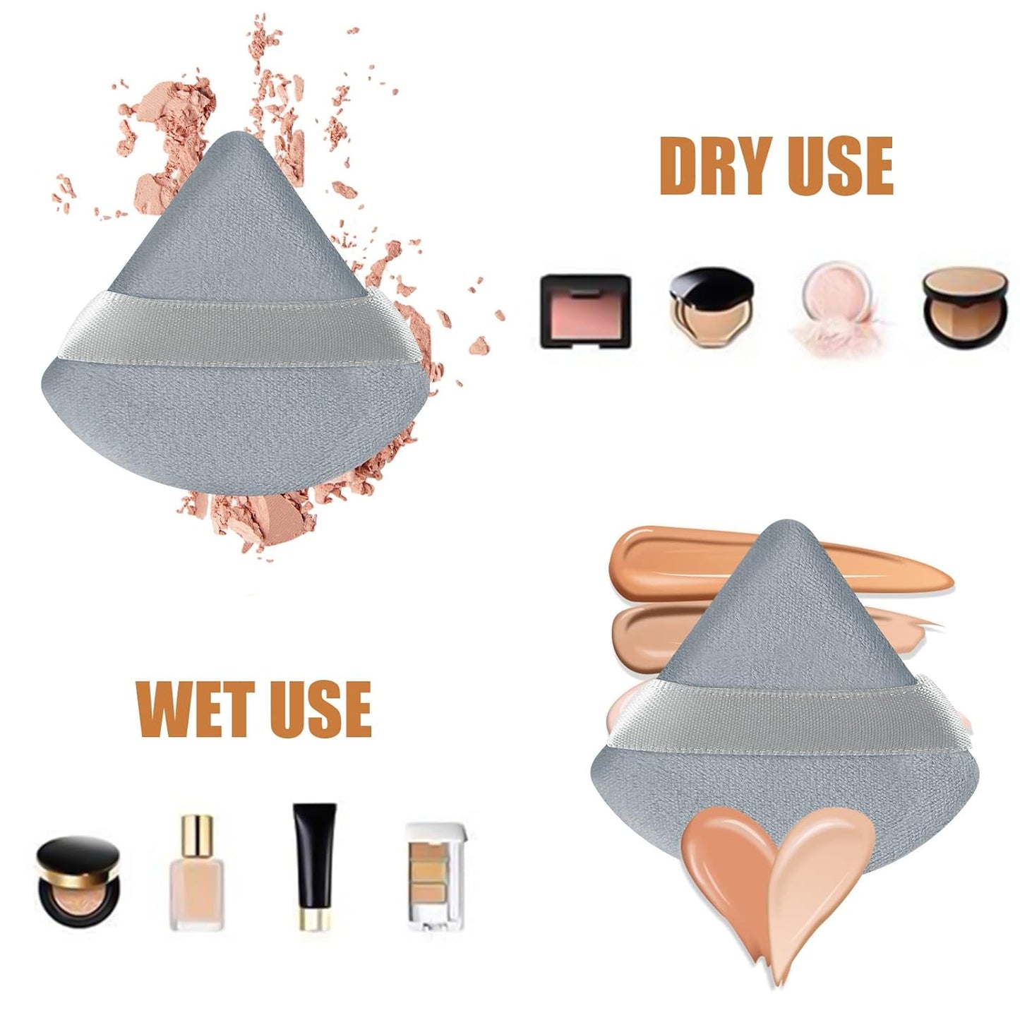 Pimoys 6 Pieces Powder Puff Face Triangle Makeup Blender Sponge Soft Velour Puffs for Loose Powder Setting Powder Cosmetic Foundation Sponge Beauty Makeup Tool, Black and Gray