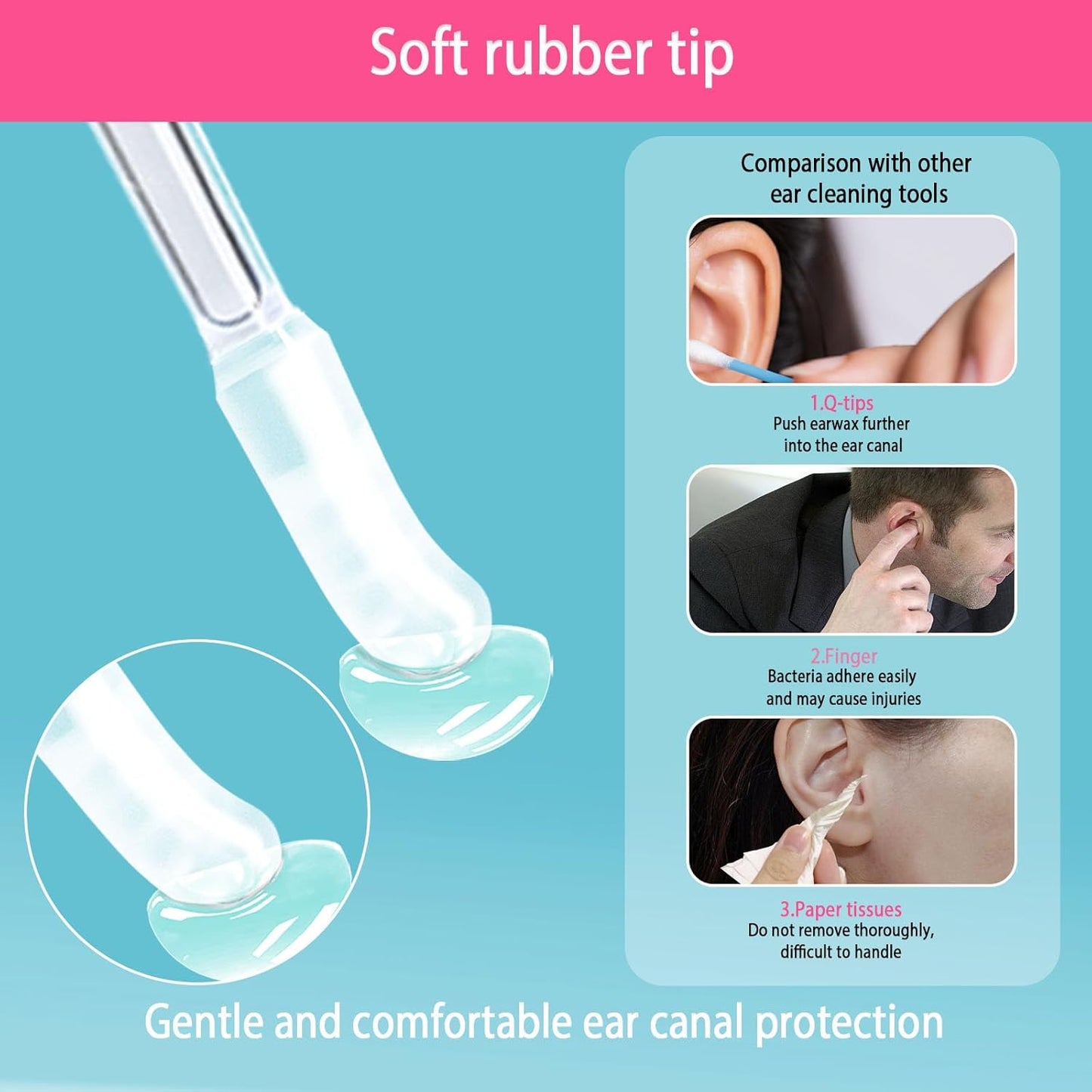 Reusable Ear Wax Removal Swabs, Safe Ear Cleaning Sticks, Adhesive Spiral Ear Sticky Cleaner, Soft Silicone Earwax Remover, 24 Pack