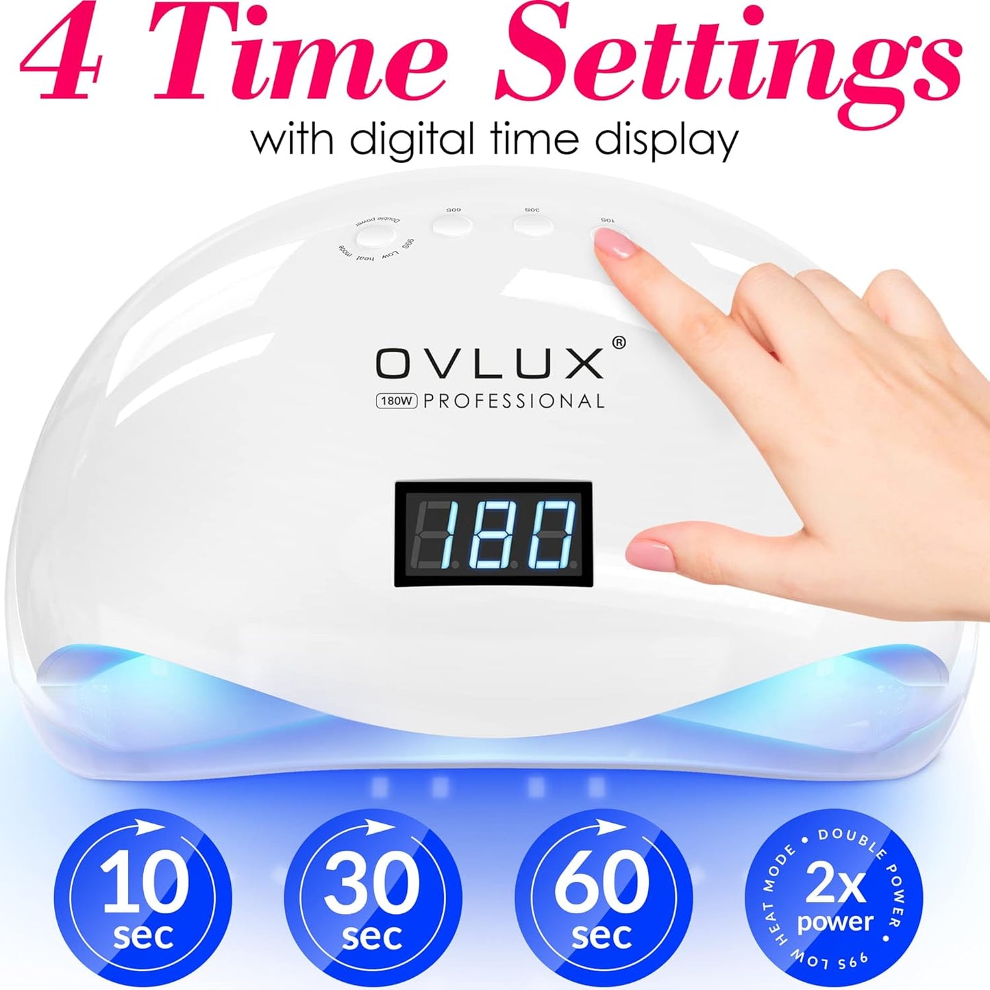 OVLUX 180W UV LED Nail Lamp – Professional Fast Nail Dryer for Gel Polish with 57 LEDs, Auto Sensor, LCD Display, 4 Timer Settings, Cures Fingernails & Toenails, Salon Quality for All Gel Types