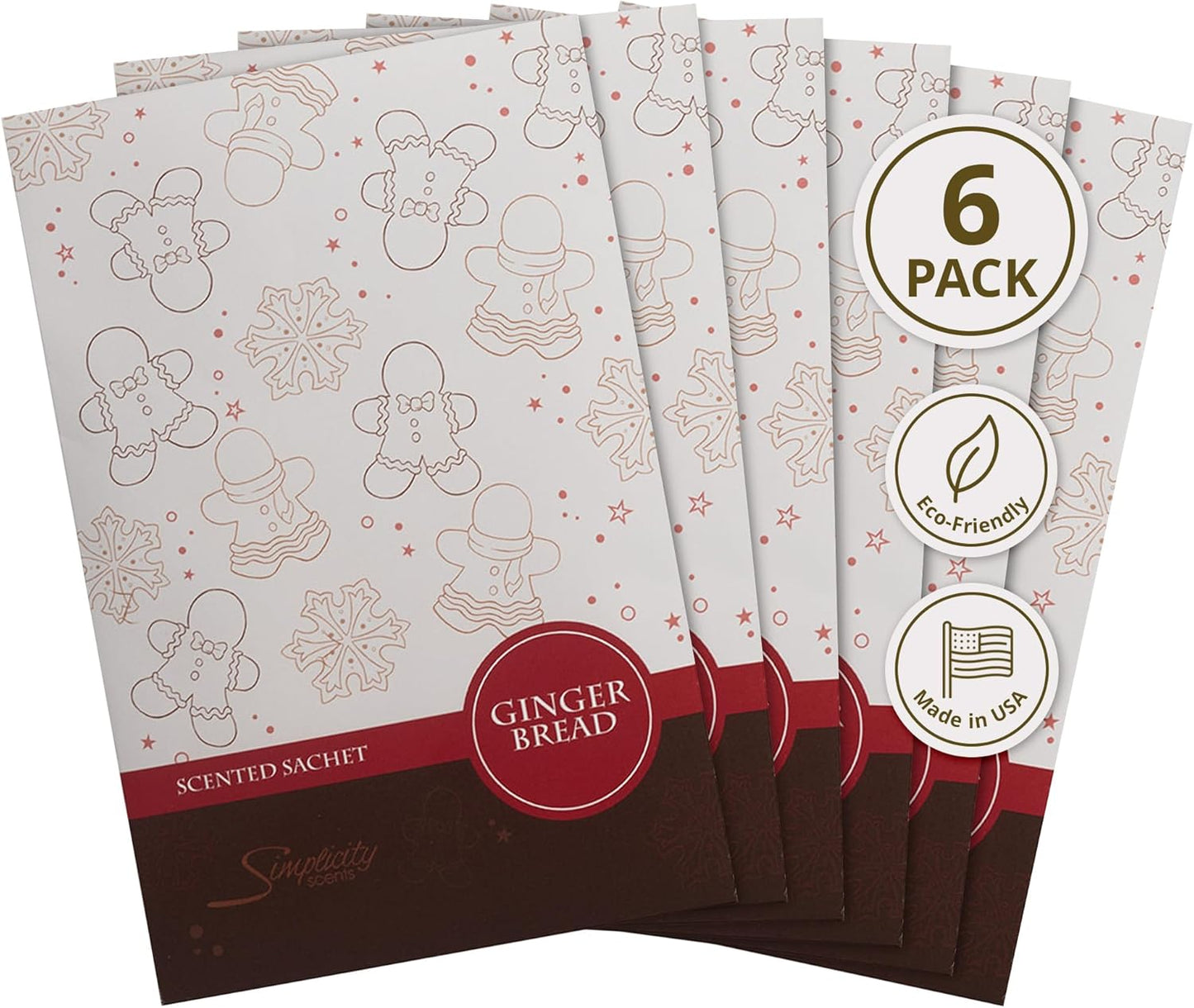 Simplicity Scents Gingerbread Scented Sachets Pack of 6, Fall & Winter - Long-Lasting Scented Bags, Home Fragrance, Air Freshener & Deodorizer for Closet, Room, Drawer, or Cars, Made in USA