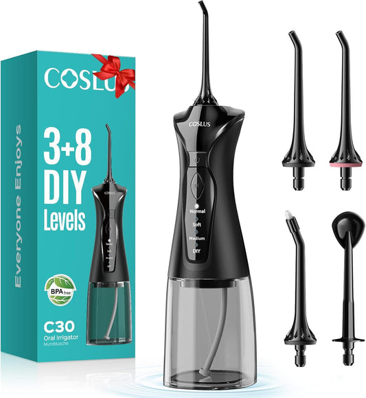 COSLUS Water Dental Flosser Pick for Teeth: 4 Modes Cordless Portable 300ML Larger Tank Water Teeth Cleaner IPX7 Waterproof Flossing Cleaning Picks for Home Travel Black C30(FC5360)
