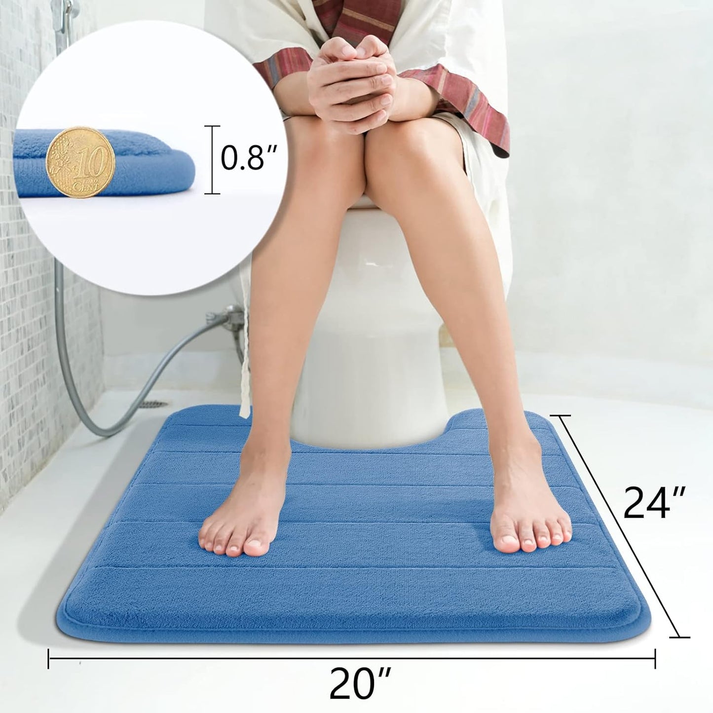 Yimobra Memory Foam Toilet Bath Mat U-Shaped, Soft and Comfortable, Super Water Absorption, Non-Slip, Thick, Machine Wash and Easier to Dry for Bathroom Commode Contour Rug, 24 X 20 Inches, Blue
