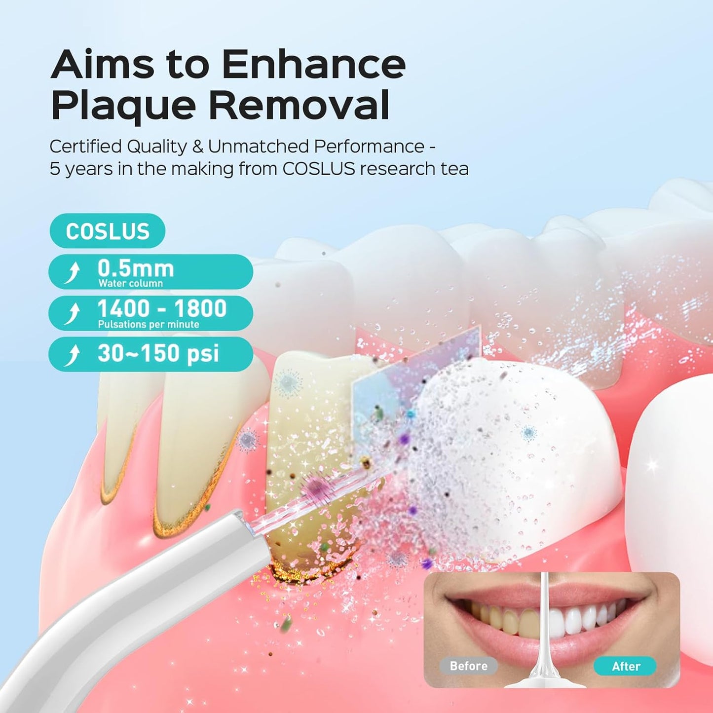 COSLUS Water Dental Flosser Pick for Teeth: 4 Modes Cordless Portable 300ML Larger Tank Water Teeth Cleaner IPX7 Waterproof Flossing Cleaning Picks for Home Travel White C30(FC5360)