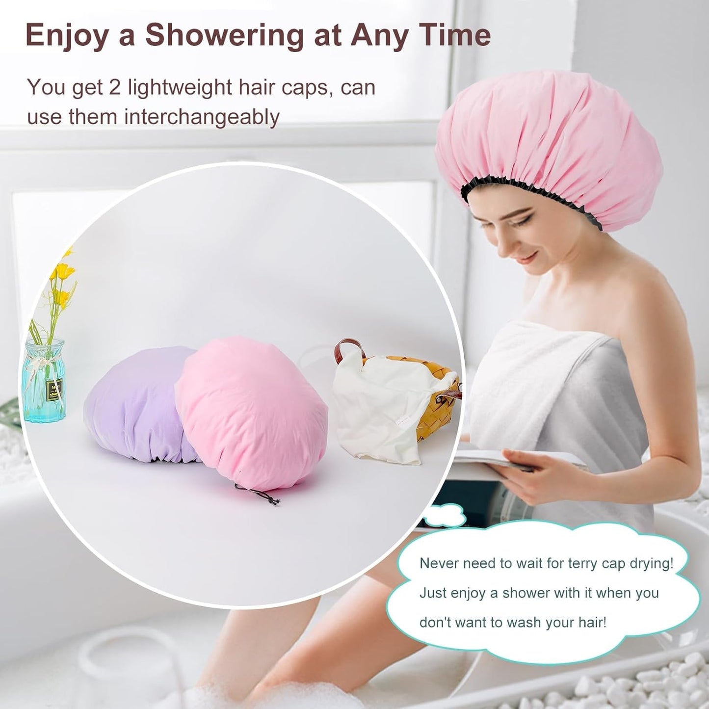 2 Pcs 13.5" Dual Waterproof Design Adjustable Terry Shower Cap for Women and Men, EVA Double Layer Bath Cap Reusable for Braids, Long Hair, Dreadlocks