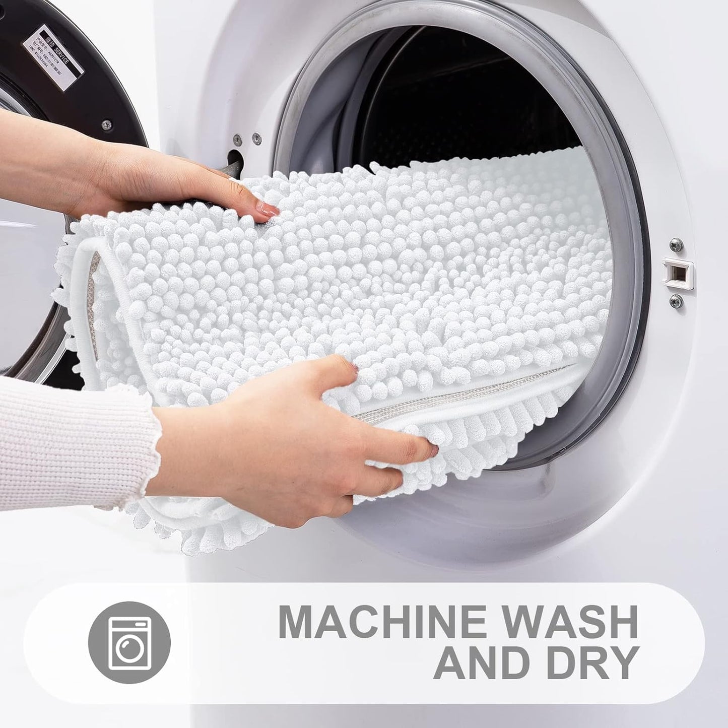 Grandaily Chenille Striped Bathroom Rugs 59x20, Extra Thick and Absorbent Bath Mats, Non-Slip Soft Plush Shaggy Shower Carpet, Machine Wash Dry, Bath Rug for Bathroom, White