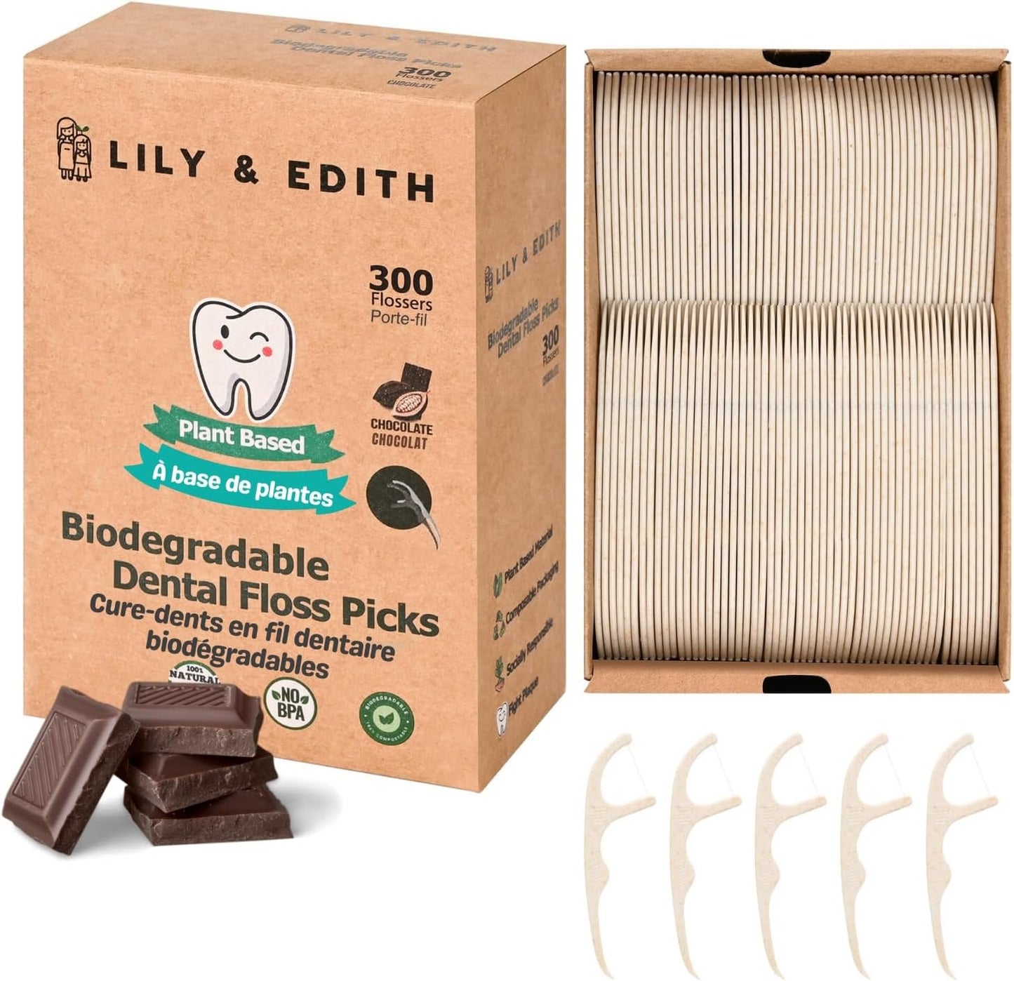 LILY & EDITH Biodegradable Dental Floss Picks Adults and Kids 300 Counts, Fluoride-Free, Plant Based Straw Wheat Material, Planet Protector, Zero Waste Package, Shred Resistant (Chocolate)