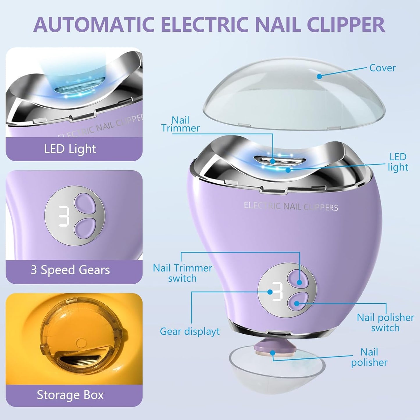 Type-C Professional Electric Nail File and Polish with LED Light & Polisher – 3 Adjustable Speeds, Safe Nail Clippers for Seniors, Adults and Kids, Built - in Storage, Effortless Manicure - Yellow