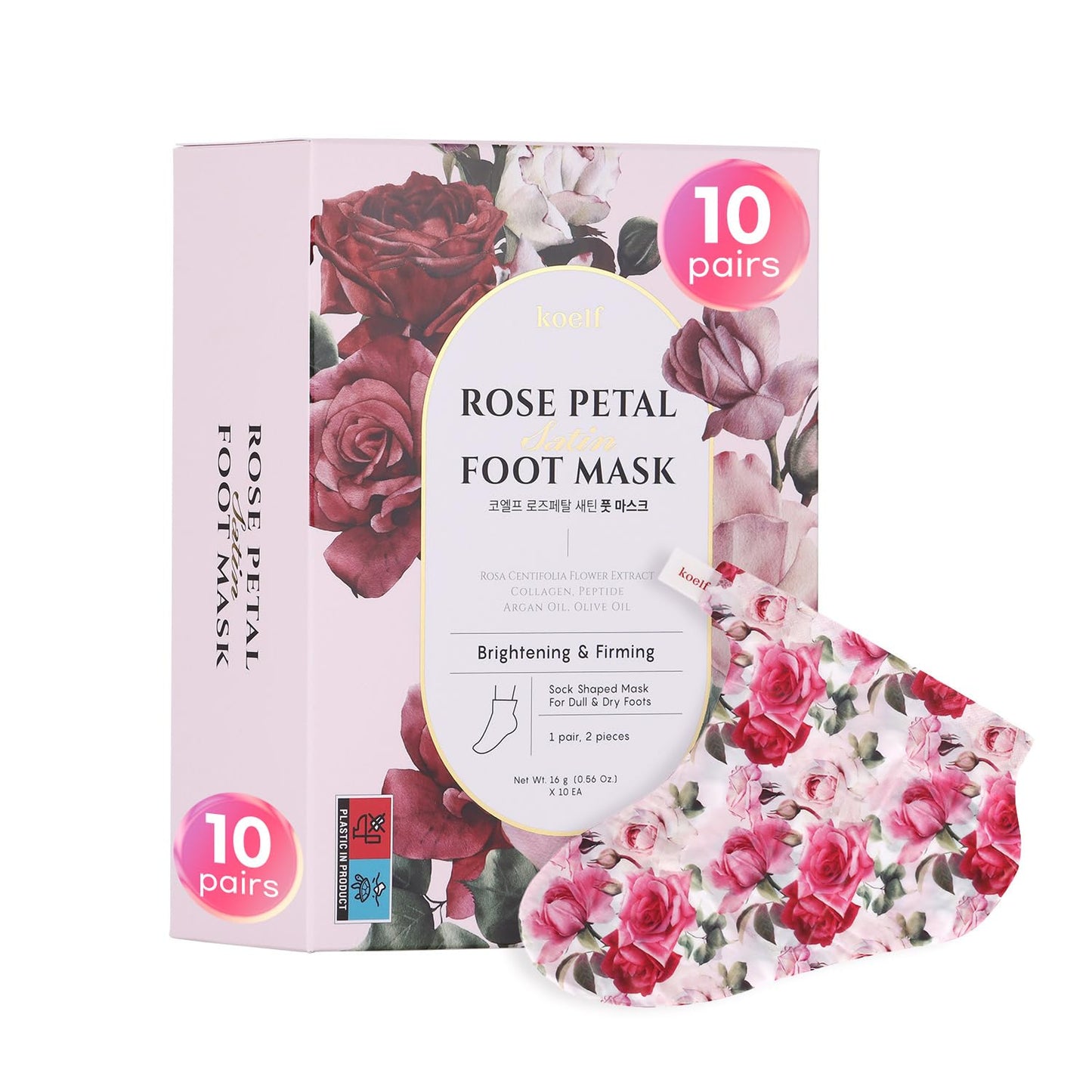 Koelf Rose Petal Satin Foot Mask (10pairs) - Intensive Nourishing Socks, Rose Scented Foot Repair Masks with Peptide, Collagen, Shea Butter, Urea for Silky Smooth Feet, Foot Treatment, Body Mask
