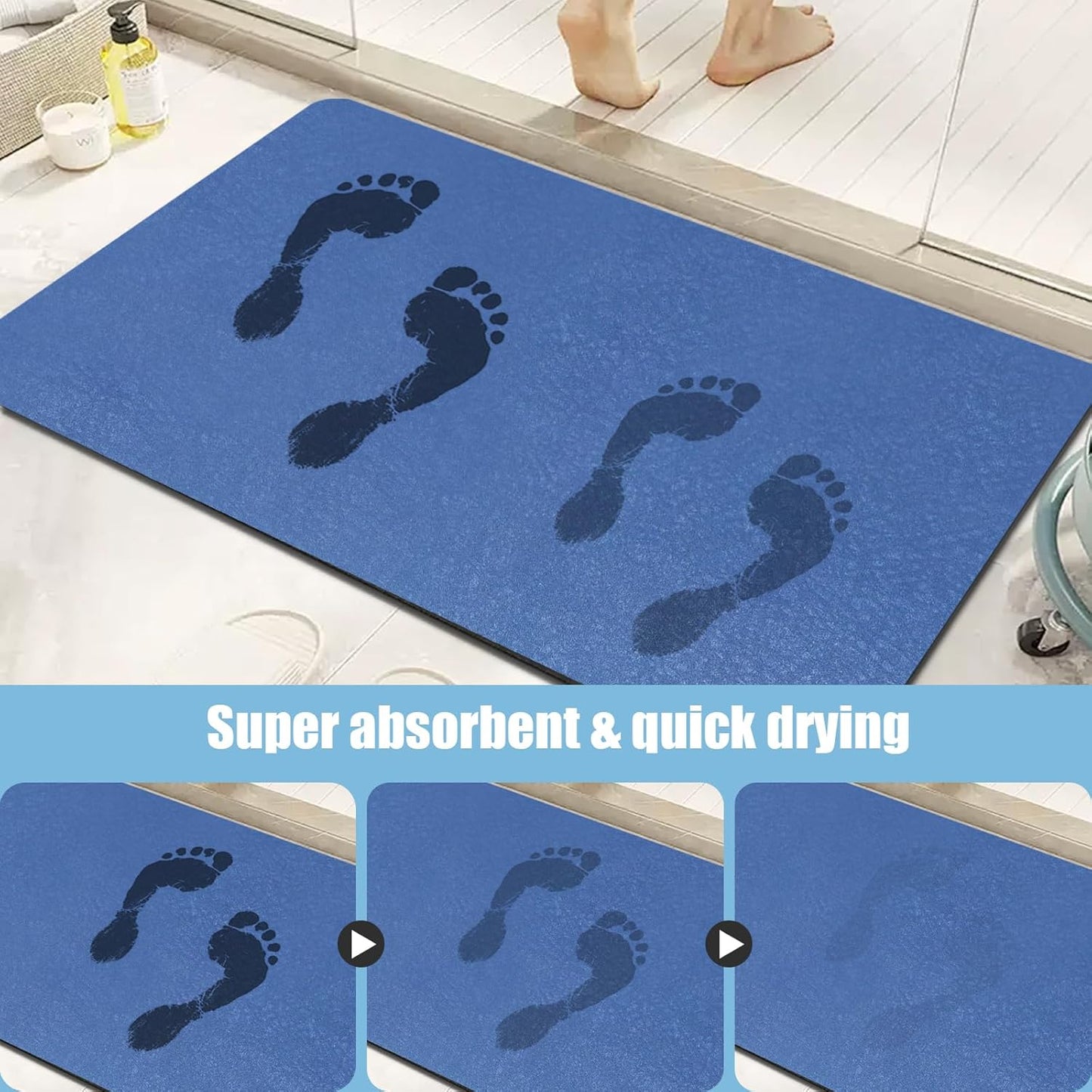 Diatomaceous Earth Bath mat Bathroom Rugs Super Absorbent Quick Dry Non Slip Bath Mat Thin Bathroom Floor Mats Fit Under Door-Shower Rug for in Front of Bathtub Shower, Blue, 19.6"x31.5"