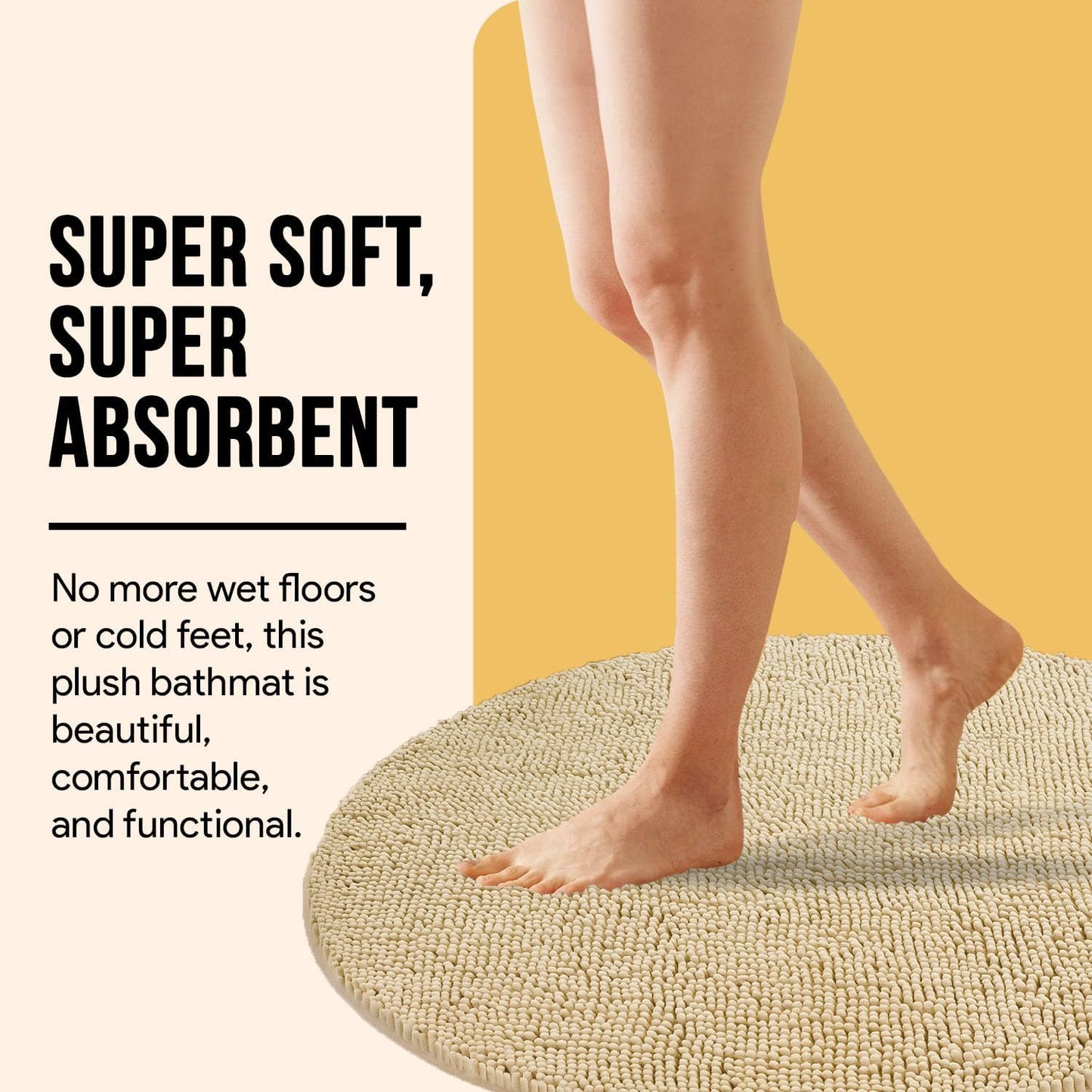 MAYSHINE Round Area Rug Set for Bathroom | Soft Plush Chenille Bath Mat, Water Absorbent Non-Slip Bathroom Rug | Washable Shag Carpet for Shower, Bedroom, or Home Décor | 36"x36" (Round) | Beige