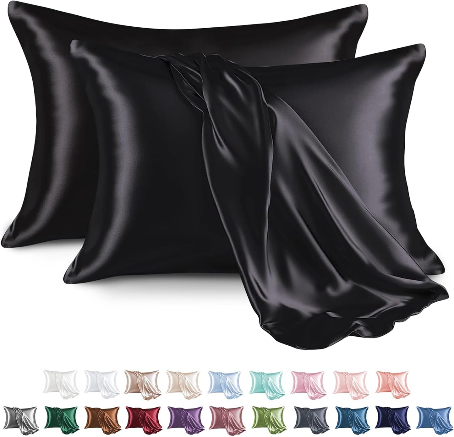 MR&HM Satin Pillowcase for Hair and Skin, Silk Satin Pillowcase 2 Pack, Standard Size Pillow Cases Set of 2, Silky Pillow Cover with Envelope Closure (20x26, Black)