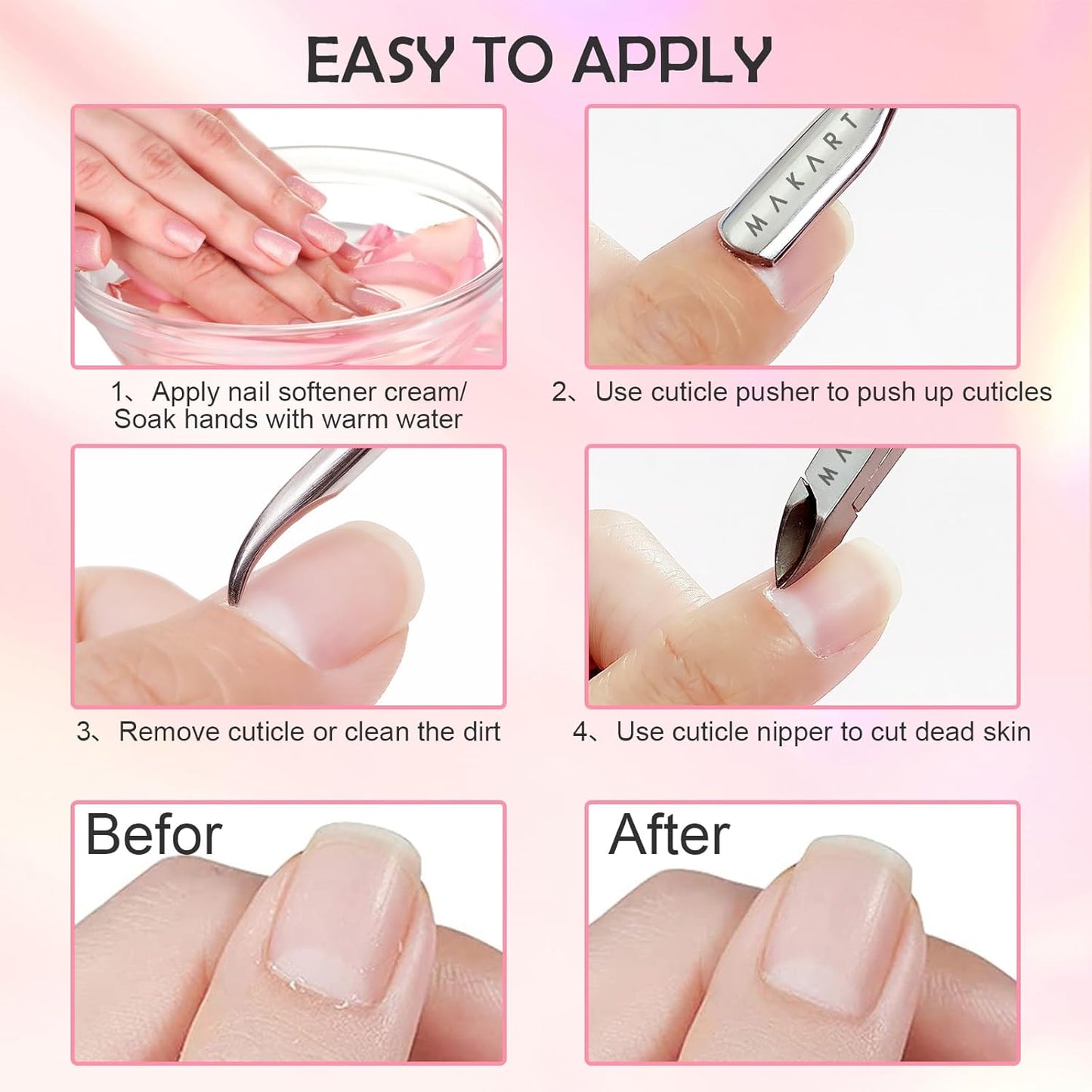 Makartt Cuticle Trimmer with Cuticle Pusher, Silver Nail Trimmer Nail Care Manicure and Pedicure Kit with Stainless Steel Cuticle Nipper and Dual End Nail Pushers for Home Salon Use (Pack of 3 PCS)