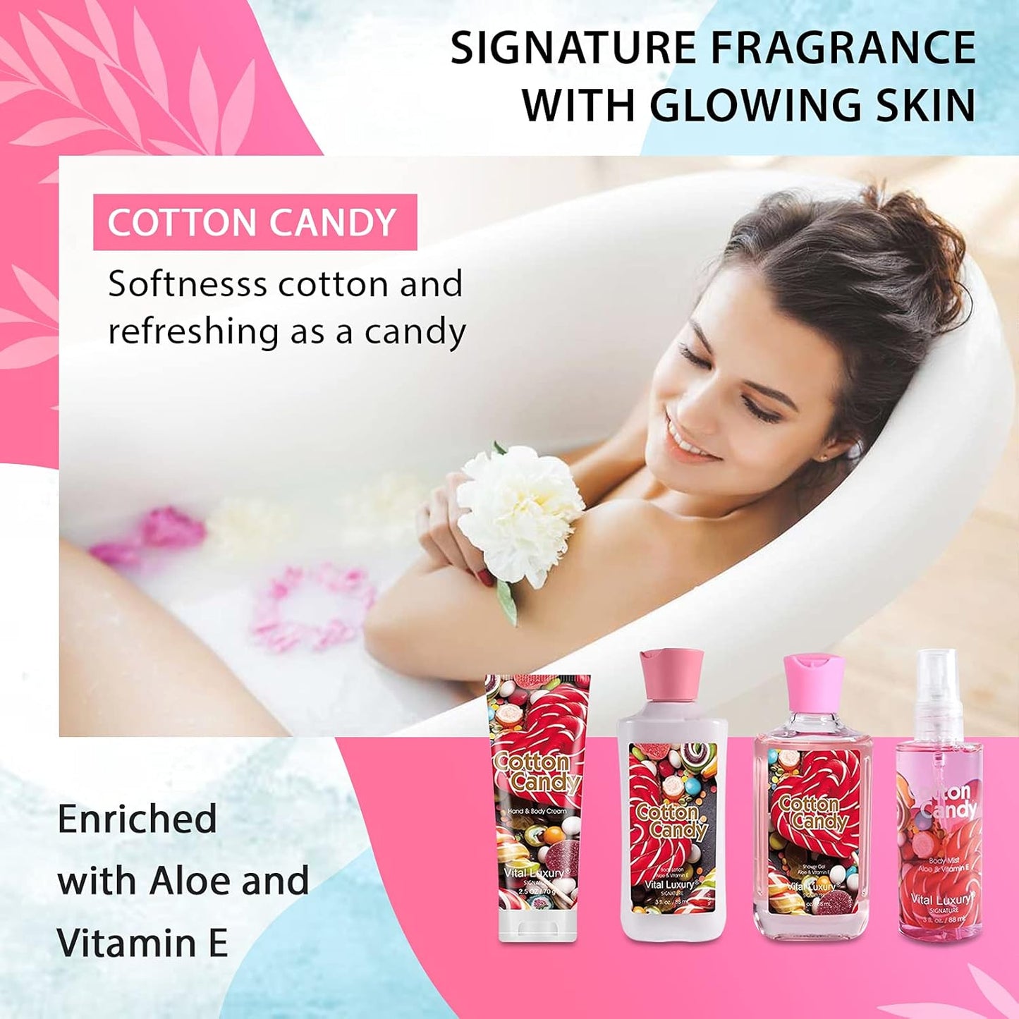 Cotton Candy Bath & Body Kit, 3 Fl Oz, Ideal Skincare Gift Home Spa Set, Includes Body Lotion, Shower Gel, Body Cream, and Fragrance Mist, Birthday Mother's Day Gifts