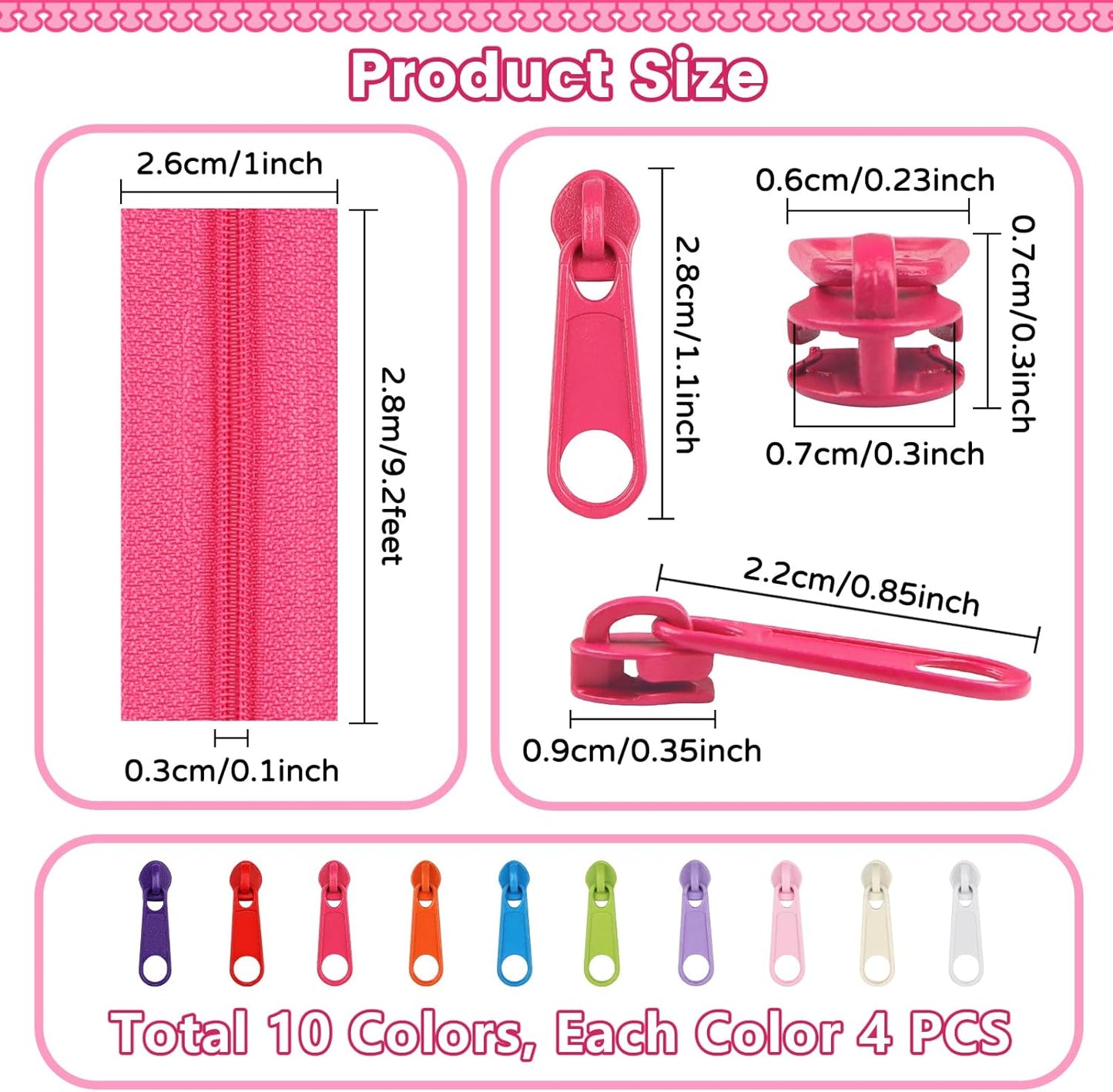 DOITEM 31 Yards 10 Pieces Sewing Zippers #3 Nylon Coil Zippers 10 Colors Assorted Zipper for Sewing with 40 Zipper Sliders for DIY Tailor Sewing Crafts Supplies,