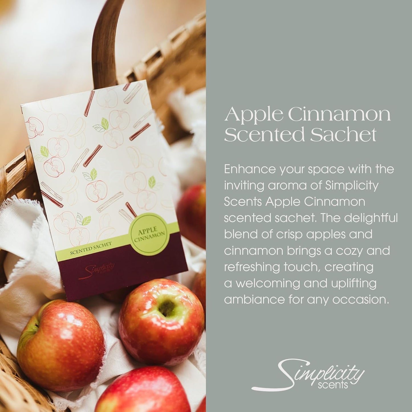 Simplicity Scents Apple Cinnamon Scented Sachets Pack of 6, Fall & Winter - Long-Lasting Scented Bags, Home Fragrance, Air Freshener & Deodorizer for Closet, Room, Drawer, or Cars, Made in USA