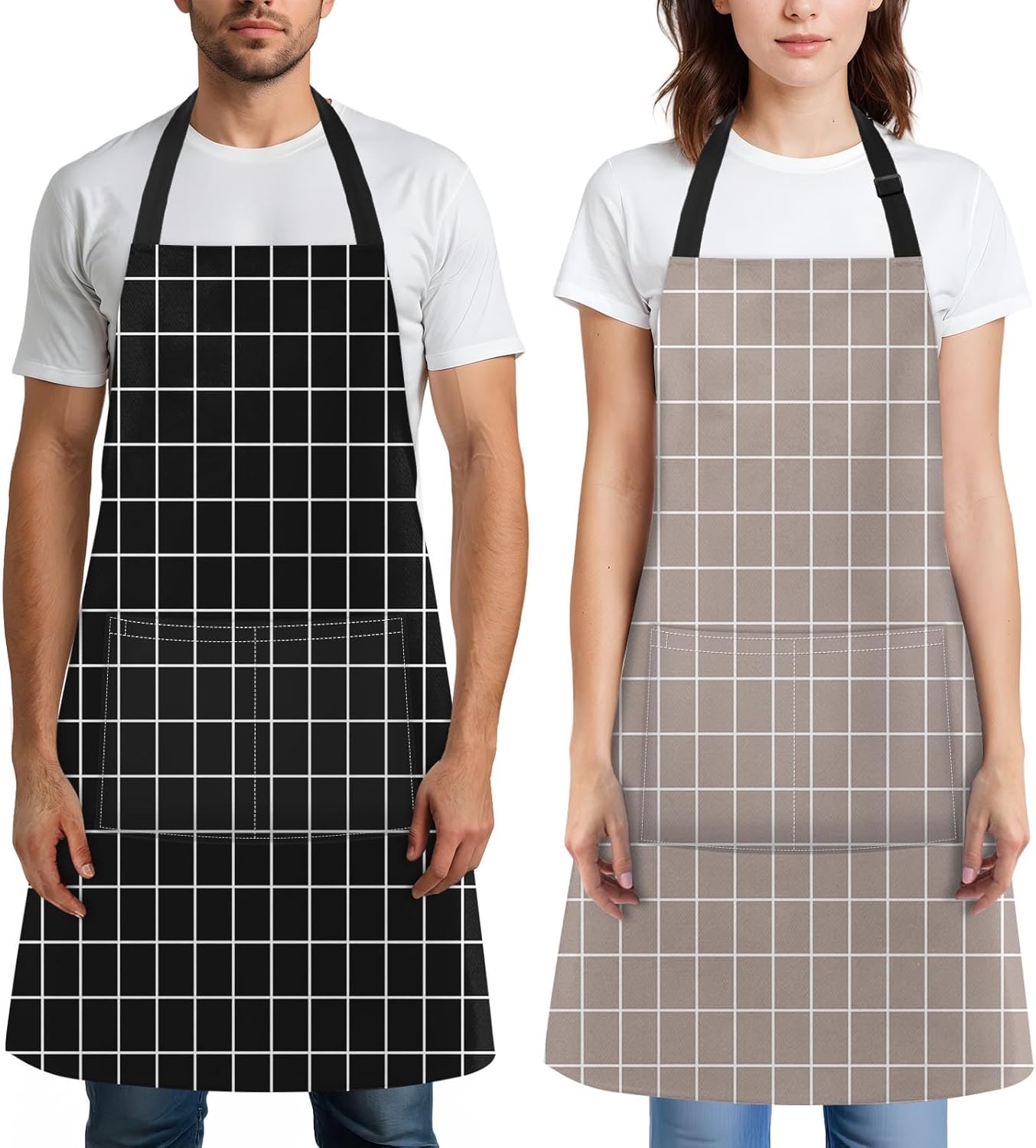 Britimes 2 Pack Aprons, Plaid Check Grid Taupe Adjustable Bib Aprons with 2 Pockets for Women Men Couple Lovers Chef Home Kitchen Cooking Baking Gardening Tan Black Apron 32x28 Inches