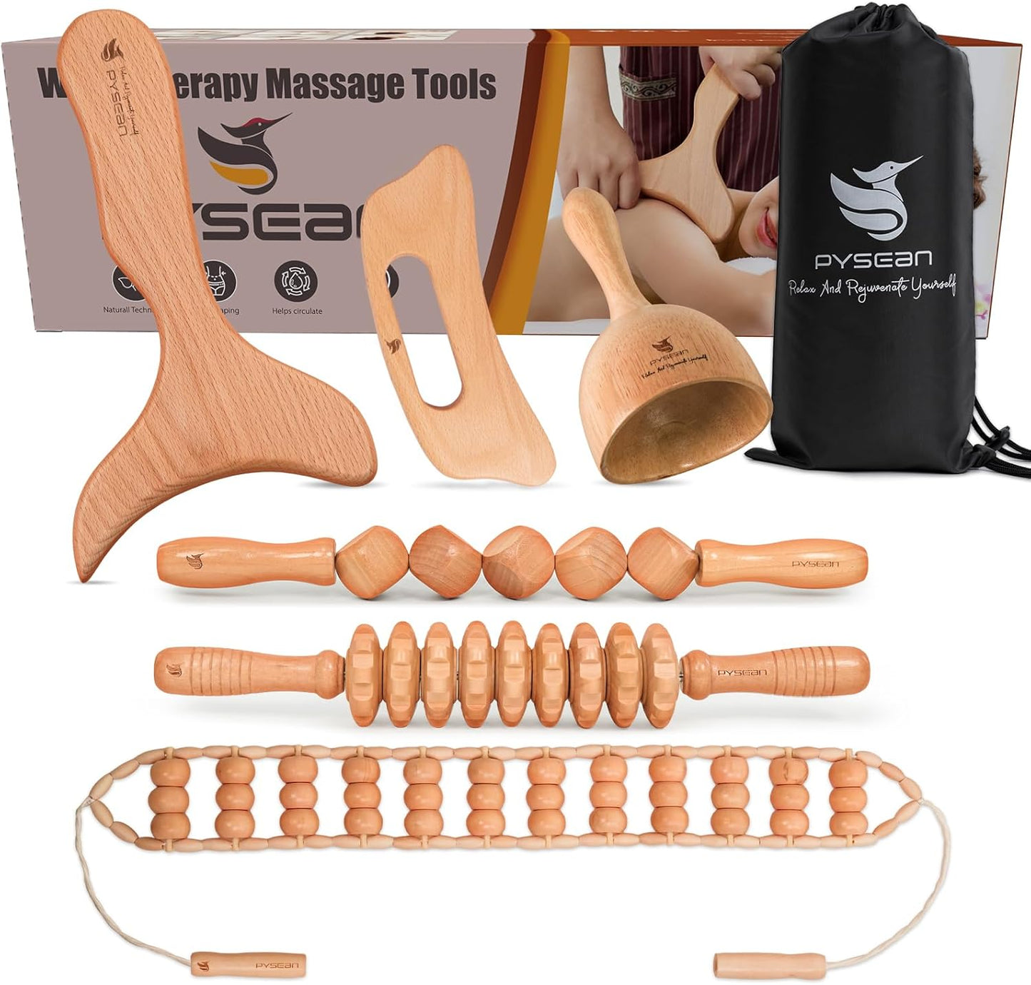 6 in 1 Wood Therapy Massage Tool Set for Body Sculpting Massage, Lymphatic Drainage and Muscle Pain Relief, Cellulite Sculpting Multi-Functional Massager