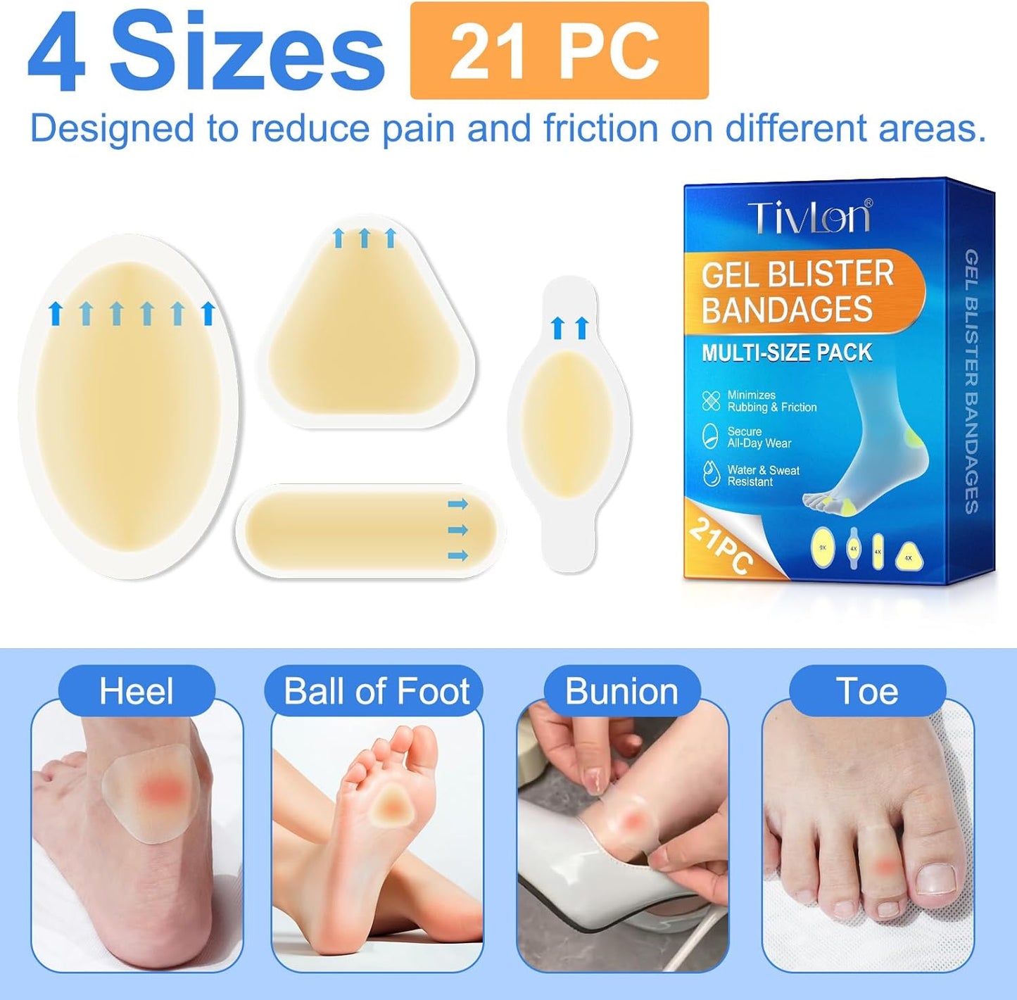 Gel Blister Bandages 21ct, Waterproof Hydrocolloid Blister Bandages for Foot Wound Quick-Healing Blister Cushions for Toe Heel All-Day Prevention, Variety Combo Pack