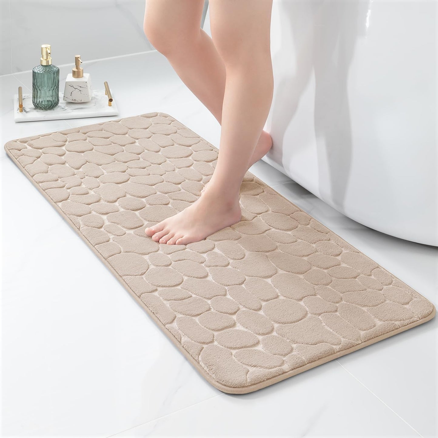 YIHOUSE Memory Foam Runner Rug, Cobblestone Bathroom Runner Rugs Super Water Absorbent Bath Mats for Bathroom Machine Washable Bath Rugs Runner for Hallway Bedroom Laundry Room(20 x 47,Khaki)