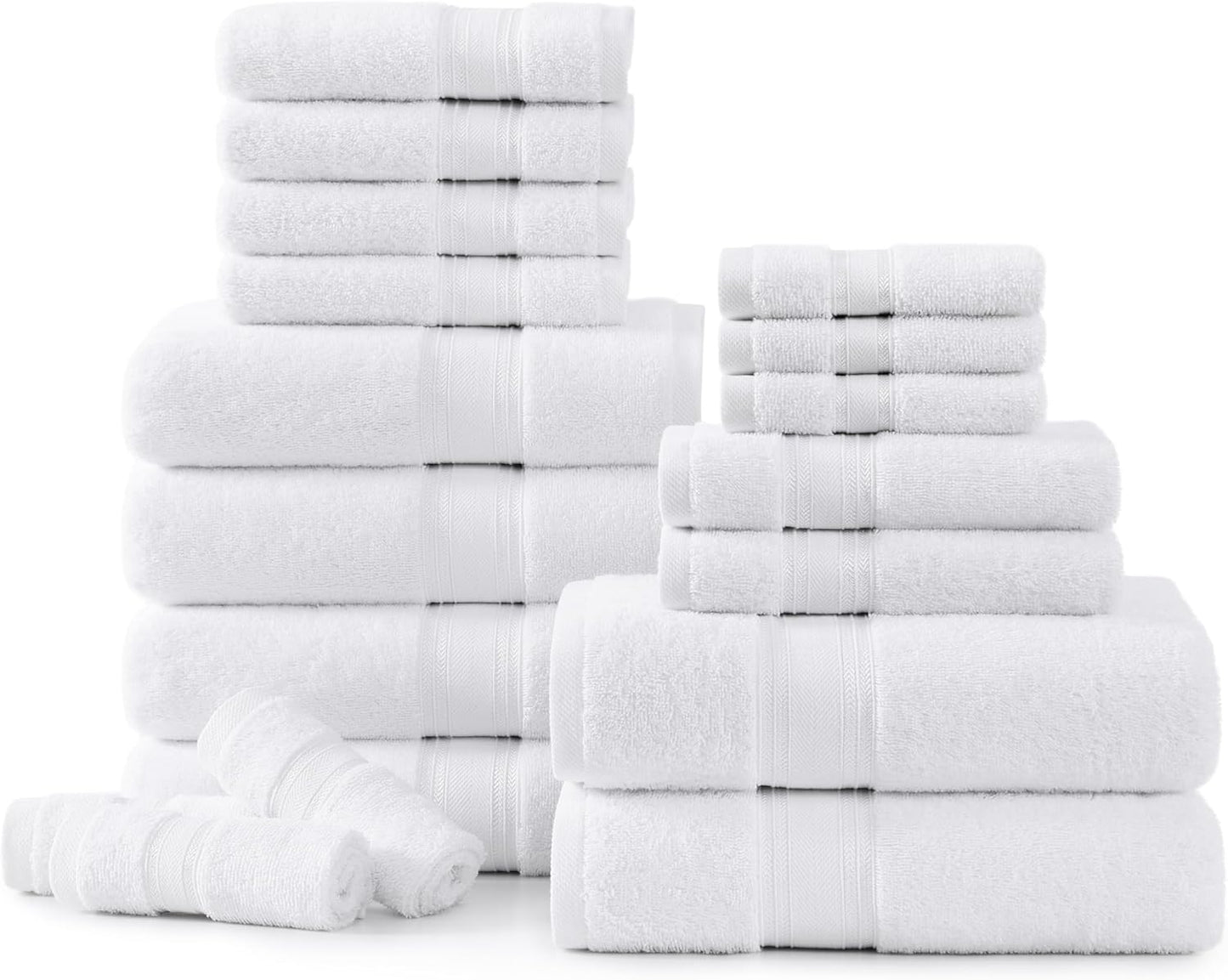 LANE LINEN 100% Mercerized Cotton Luxury Bathroom Towel Set - 18 Pcs - Super Soft, Fluffy & Highly Absorbent - 6 Bath Towels, 6 Washcloths, 6 Hand Towels - Complete Family Pack - White Bath Towel Set