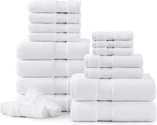 LANE LINEN 100% Mercerized Cotton Luxury Bathroom Towel Set - 18 Pcs - Super Soft, Fluffy & Highly Absorbent - 6 Bath Towels, 6 Washcloths, 6 Hand Towels - Complete Family Pack - White Bath Towel Set
