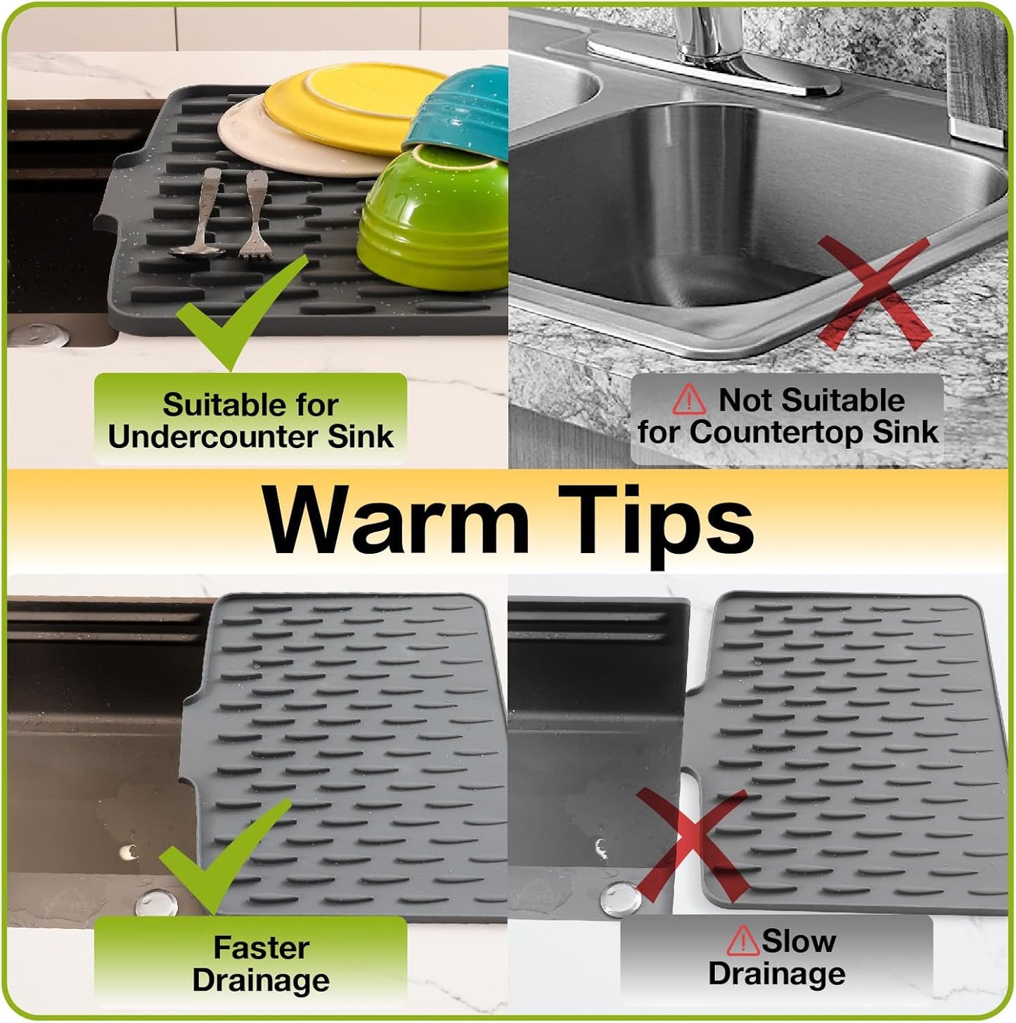 CHIKILLA Silicone Dish Drying Mat for Kitchen Counter, Fast Drainage Design for Vegetables Fruits, Heat Resistant, Non-Slip , Dishwasher Safe – 15.7x13 inch Urban Gray