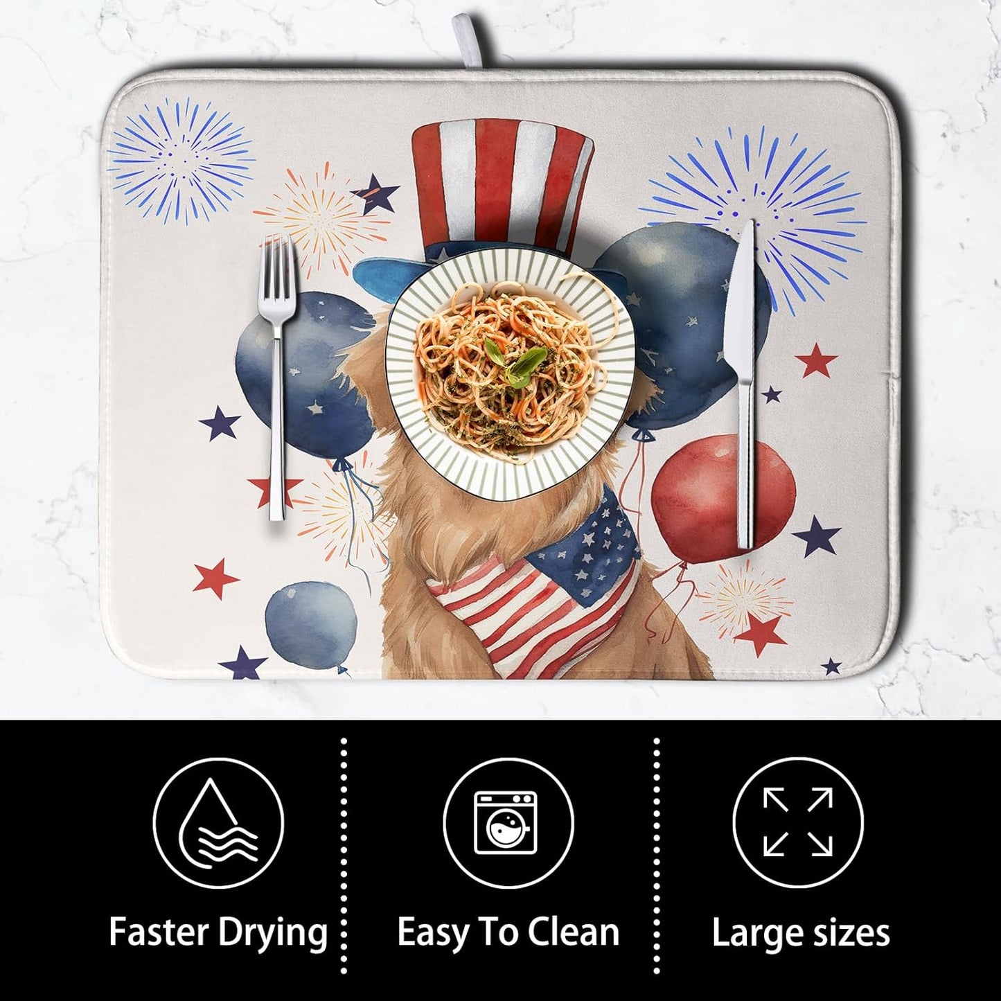 4th of July Patriotic Dog Dish Drying Mat 18 x 24 Inch US Independence Day Blue White Red Kitchen Drying Mat Firework Holiday Dish Drainer Mats Super Absorbent Dish Rack Pad for Kitchen Counter