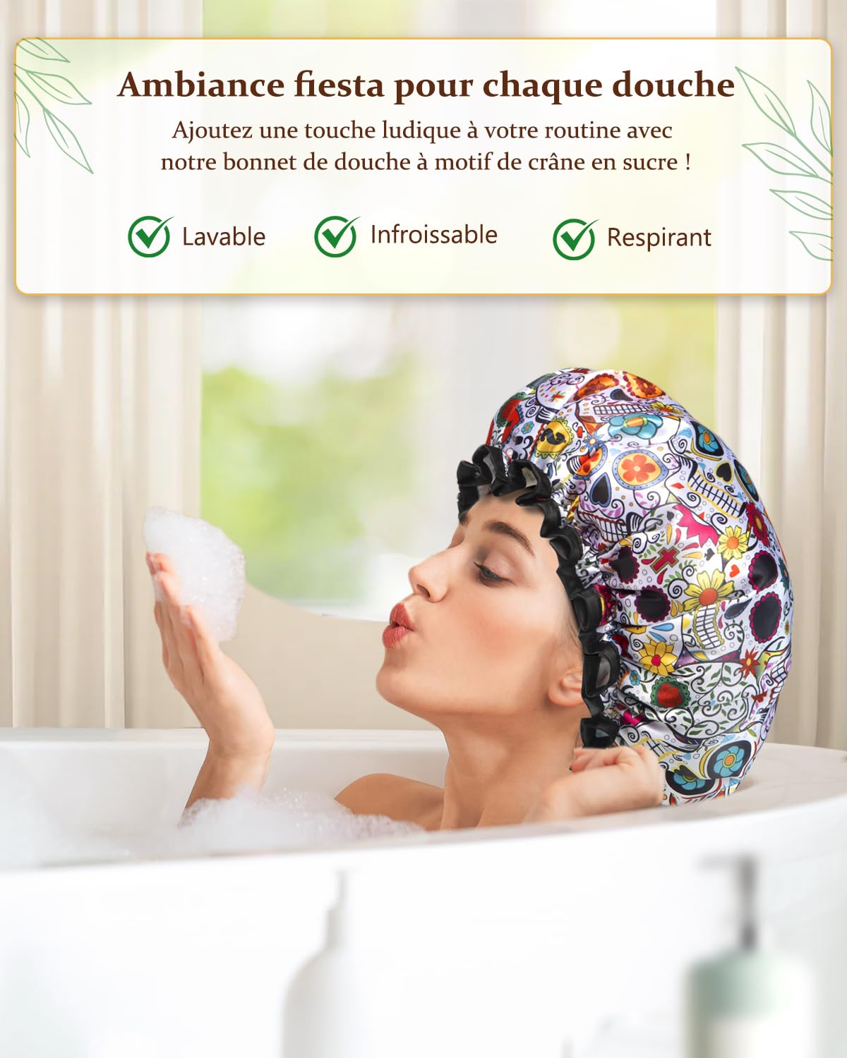 mikimini Shower Cap for Women Reusable Waterproof, Hair Cap for Shower with Double Layers, Stylish Vibrant Designed Shower Bonnet for Medium Thick Hair, Medium, 2 Pieces