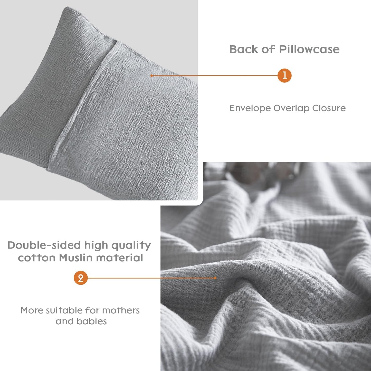 SE SOFTEXLY Muslin Pillowcases King Size 100% Cotton, 2 Pack Linen Like Pillow Shams with Envelope Closure, Ultral Soft and Breathable Pillow Case Covers, Light Grey, 20" X 36", No Filling