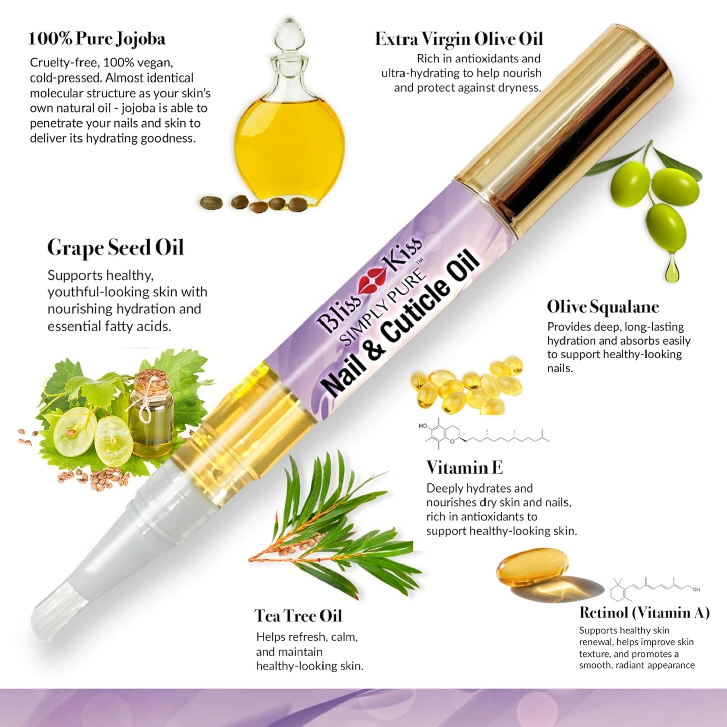 Bliss Kiss | 1 Lavender Vanilla | Nail Oil Cuticle Pen w/Vitamin E & Jojoba⏤Nail Strengthener Nail Growth Serum for Brittle Peeling Breaking Thin Nails